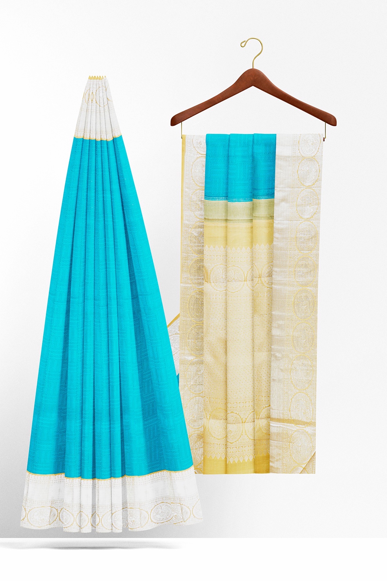 sri kumaran stores kanchipuram silk saree sky blue saree with silver colour border 3