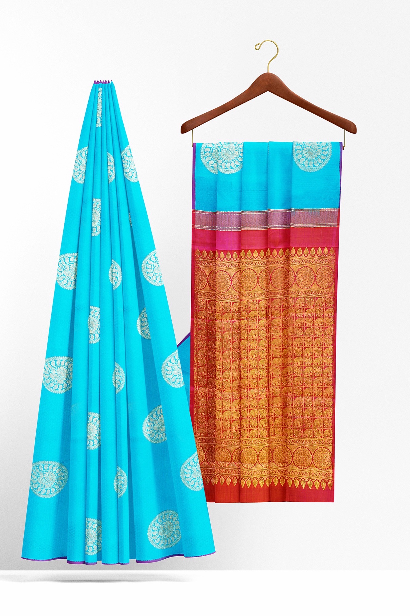 sri kumaran stores kanchipuram silk saree sky blue saree with sky blue border 3