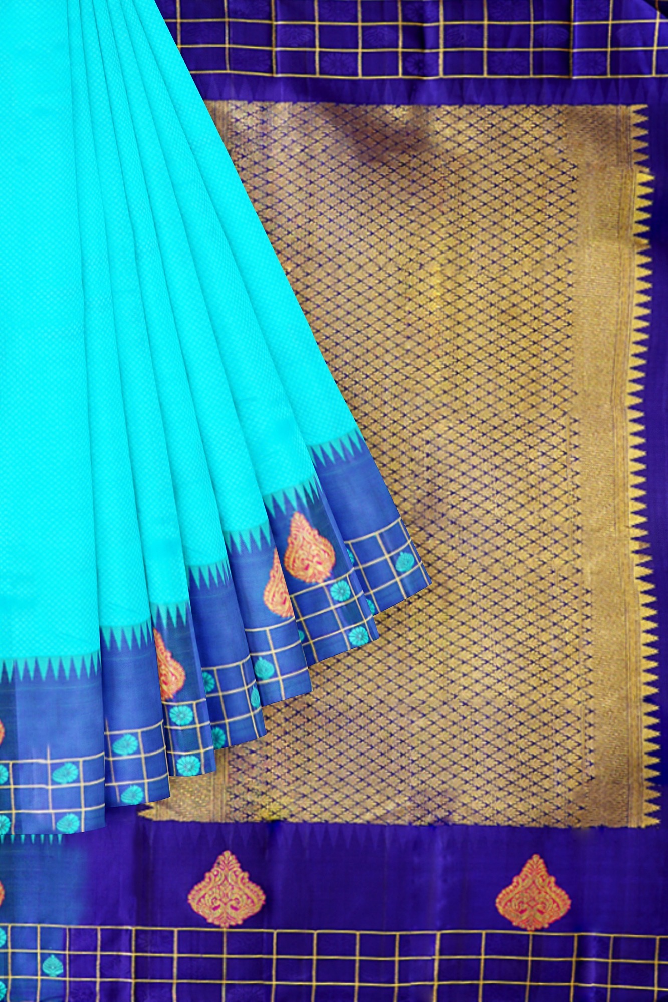 sri kumaran stores kanchipuram silk saree turquoise blue saree with dark blue border 1