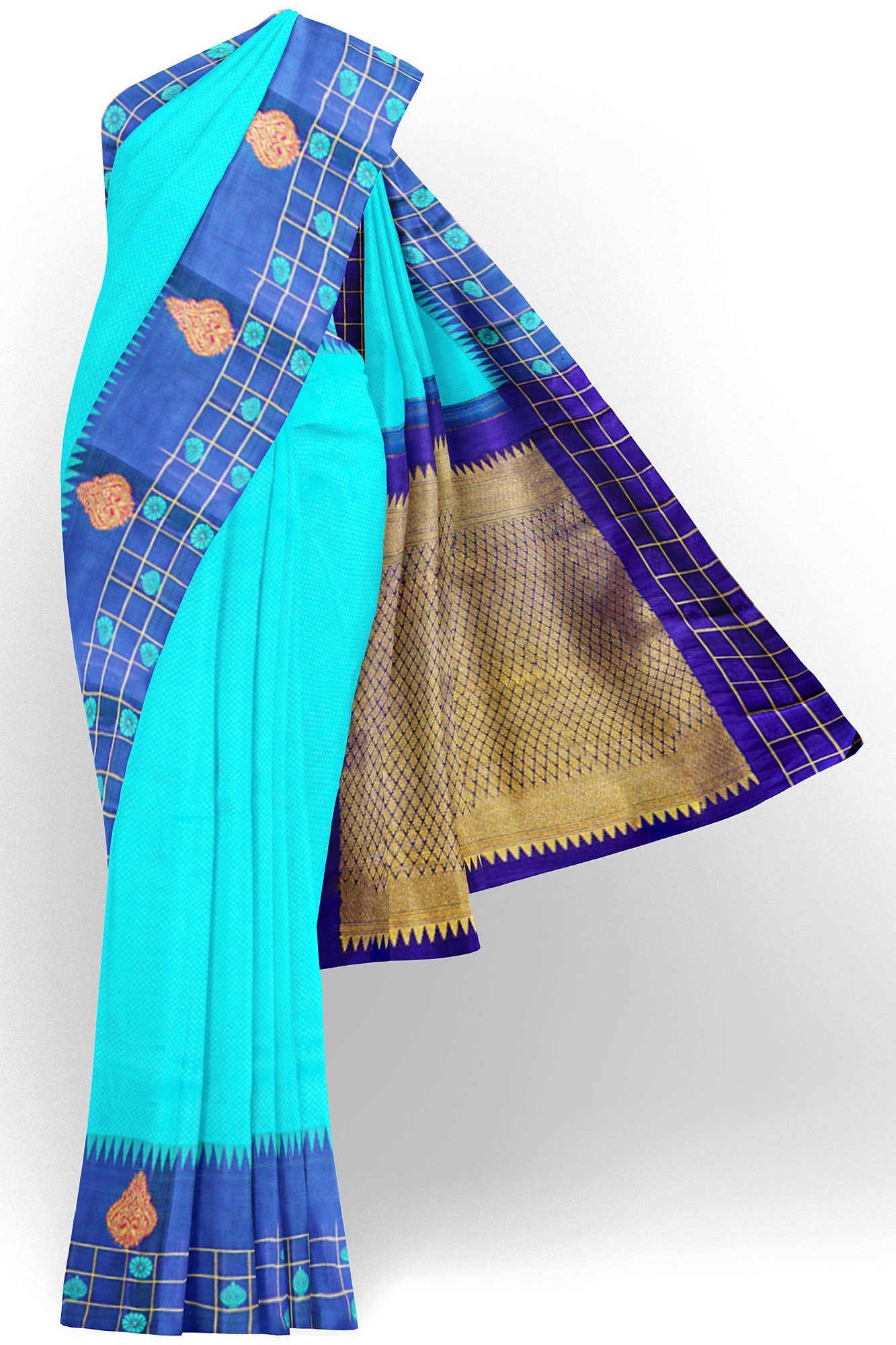 sri kumaran stores kanchipuram silk saree turquoise blue saree with dark blue border 2