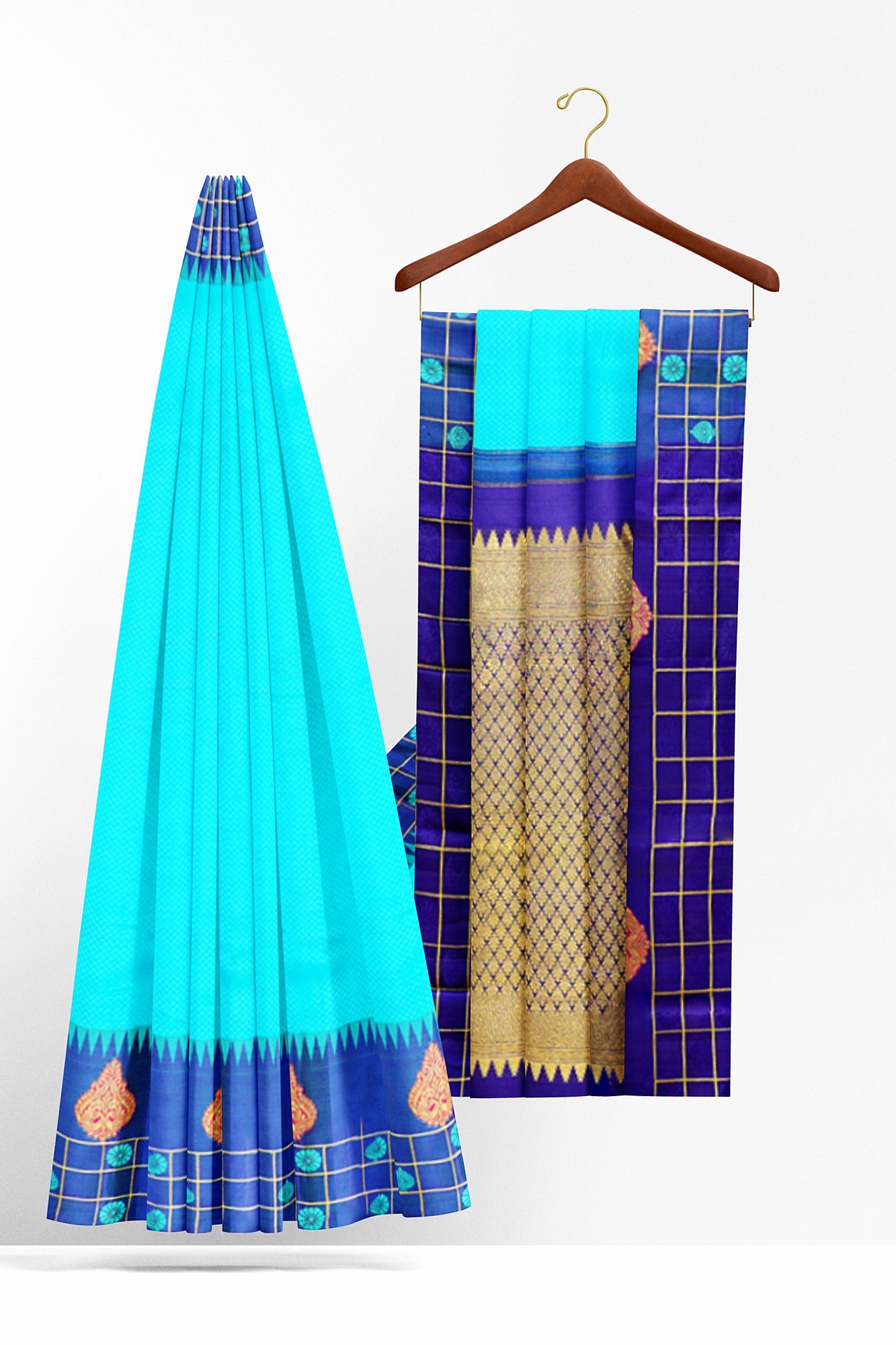 sri kumaran stores kanchipuram silk saree turquoise blue saree with dark blue border 3