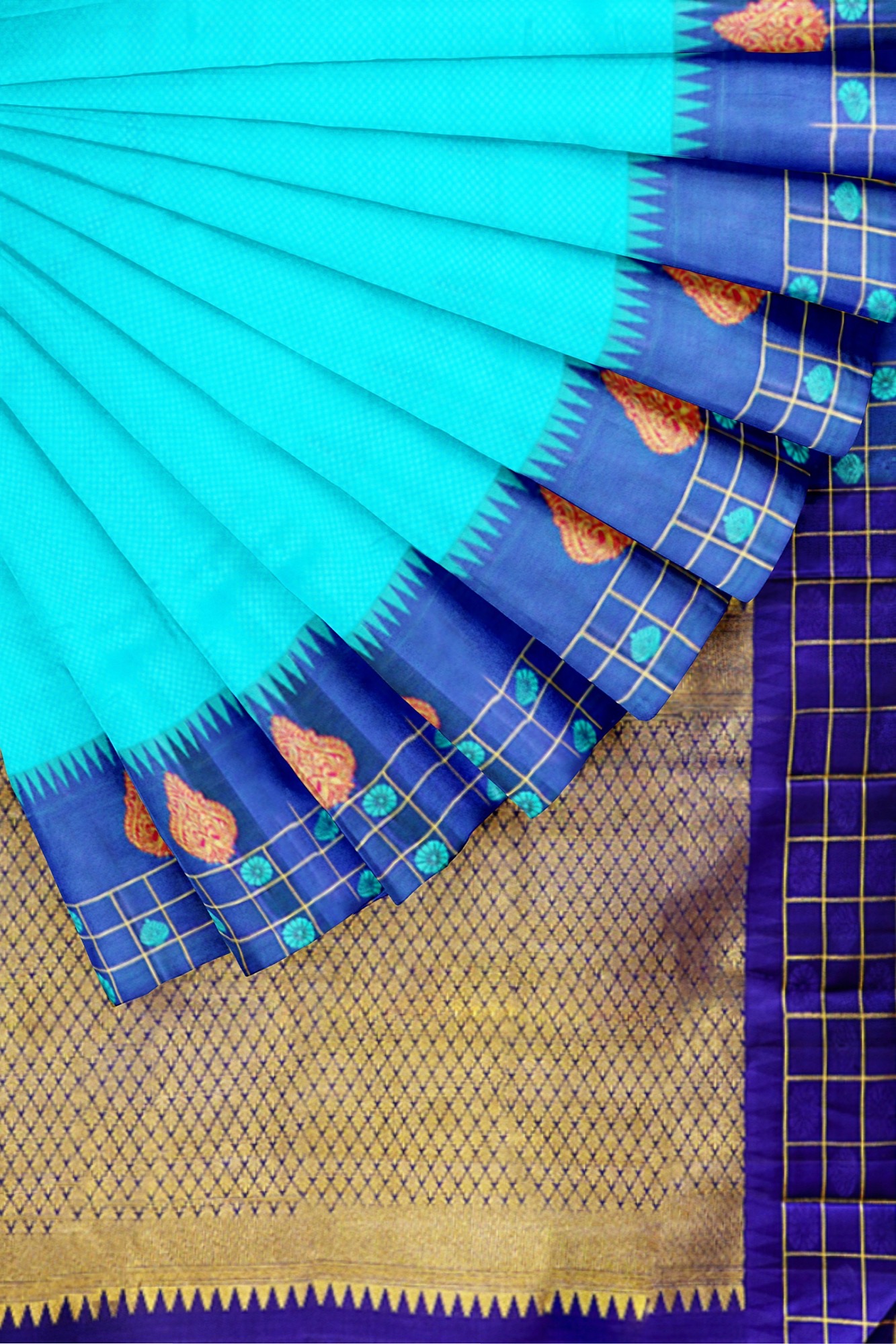 sri kumaran stores kanchipuram silk saree turquoise blue saree with dark blue border 4