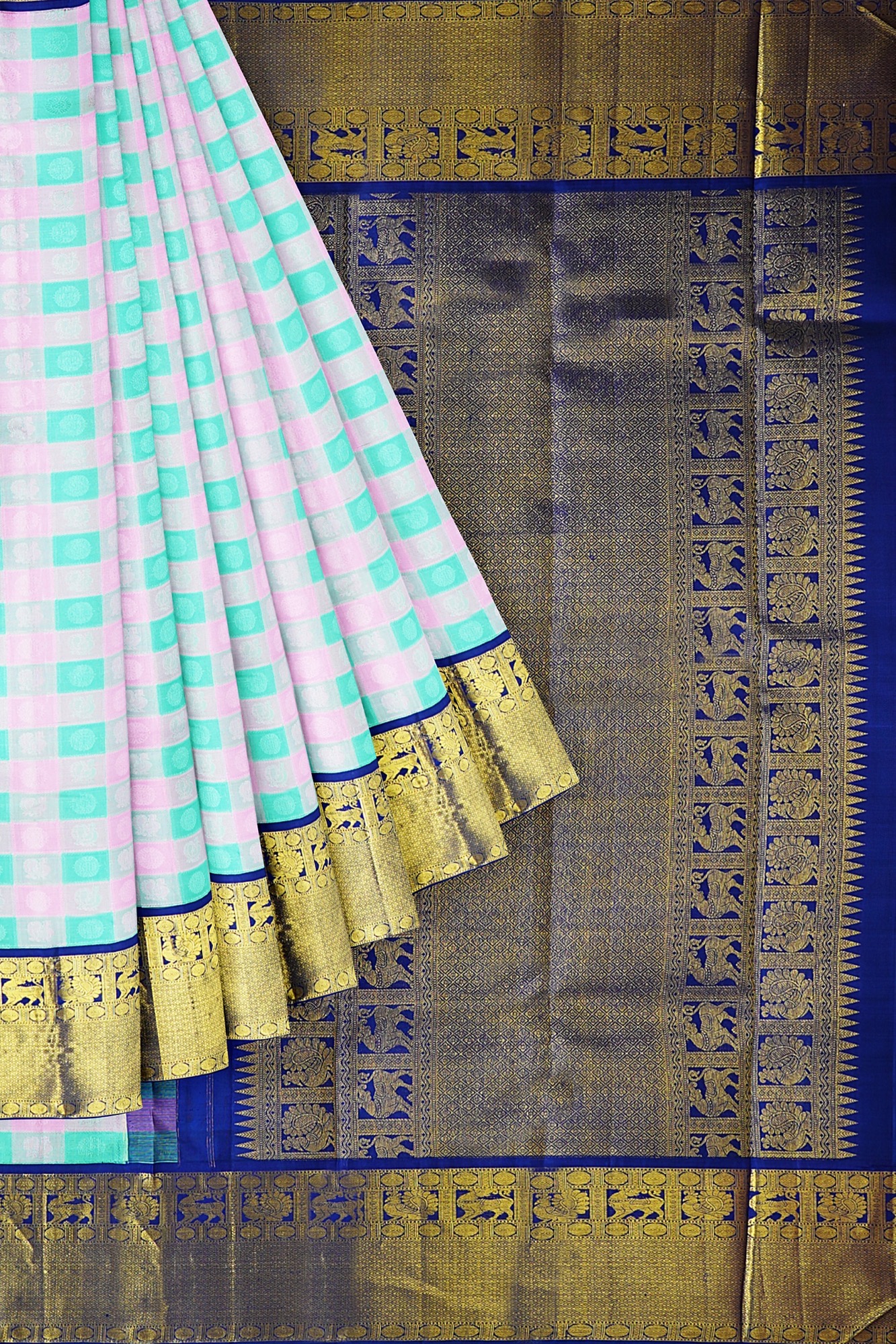 sri kumaran stores kanchipuram silk saree white checked saree with golden blue border 1