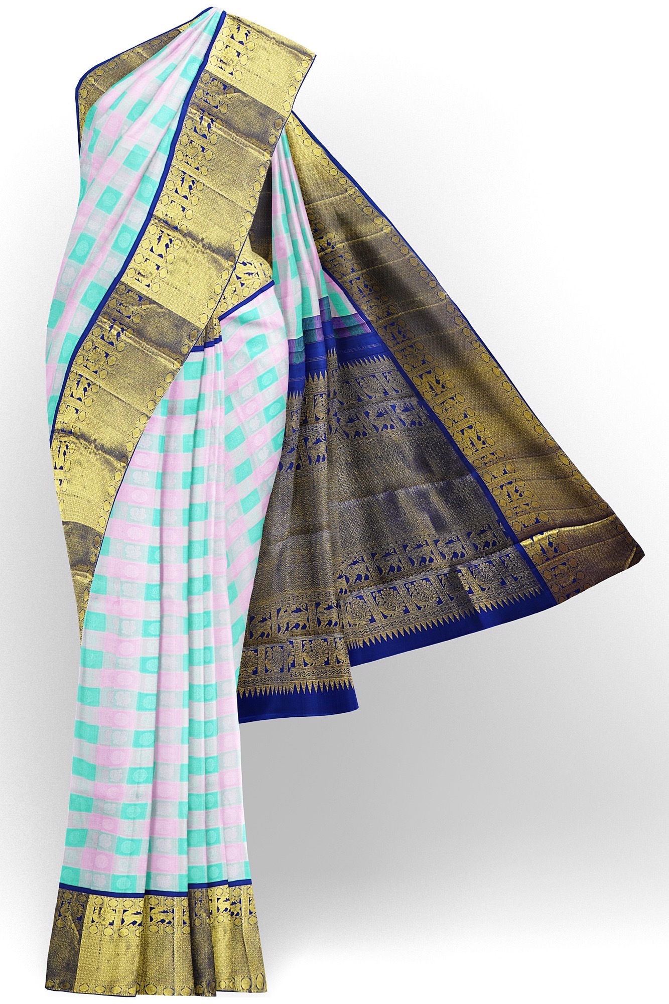 sri kumaran stores kanchipuram silk saree white checked saree with golden blue border 2