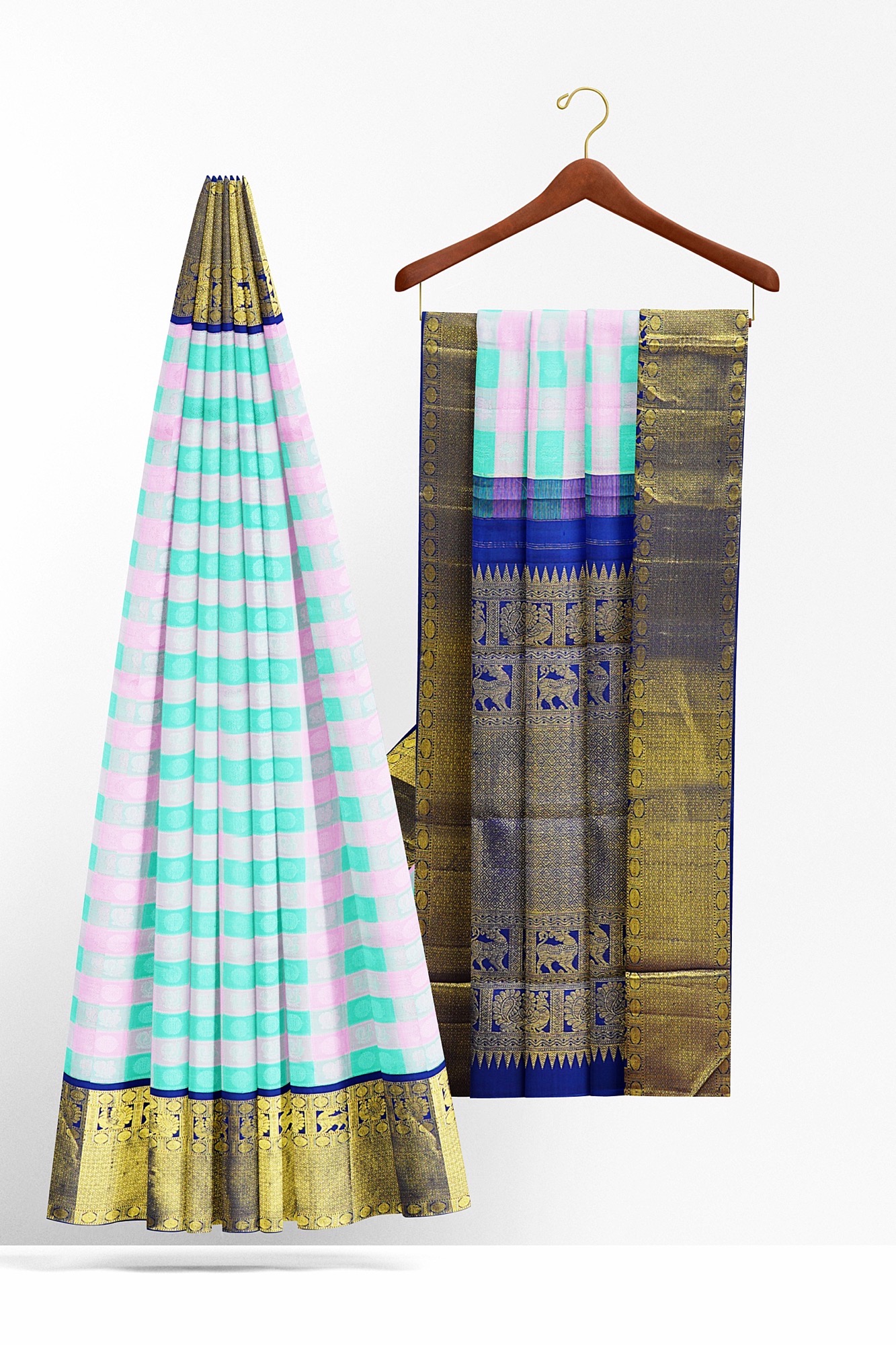 sri kumaran stores kanchipuram silk saree white checked saree with golden blue border 3