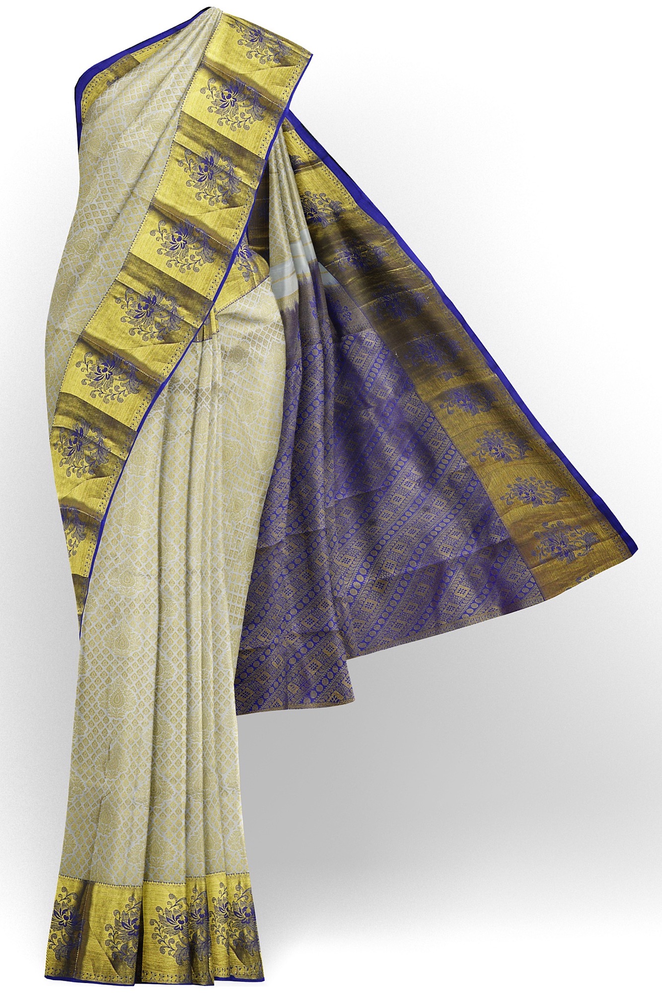 sri kumaran stores kanchipuram silk saree white saree with golden blue border 2