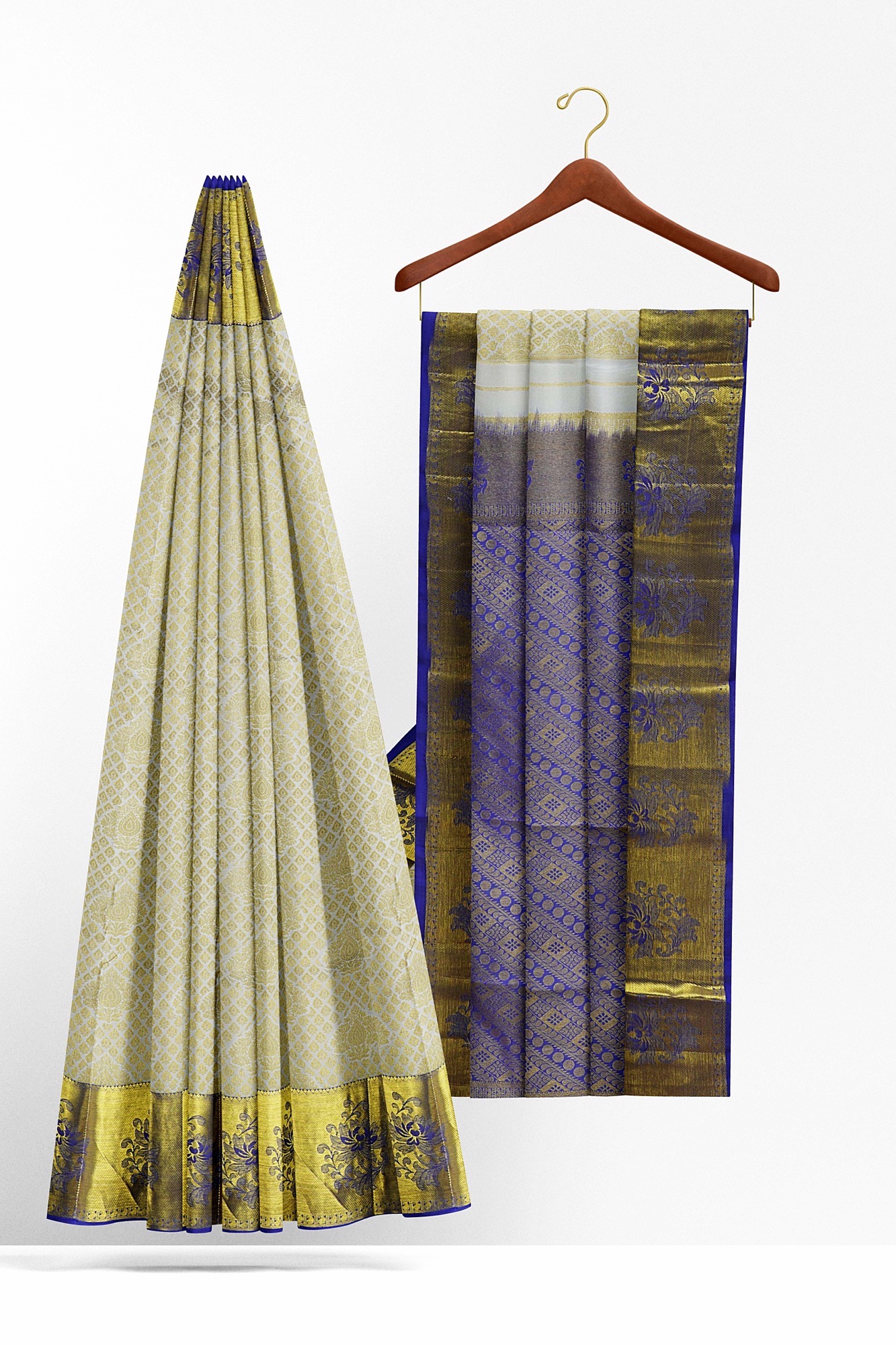 sri kumaran stores kanchipuram silk saree white saree with golden blue border 3