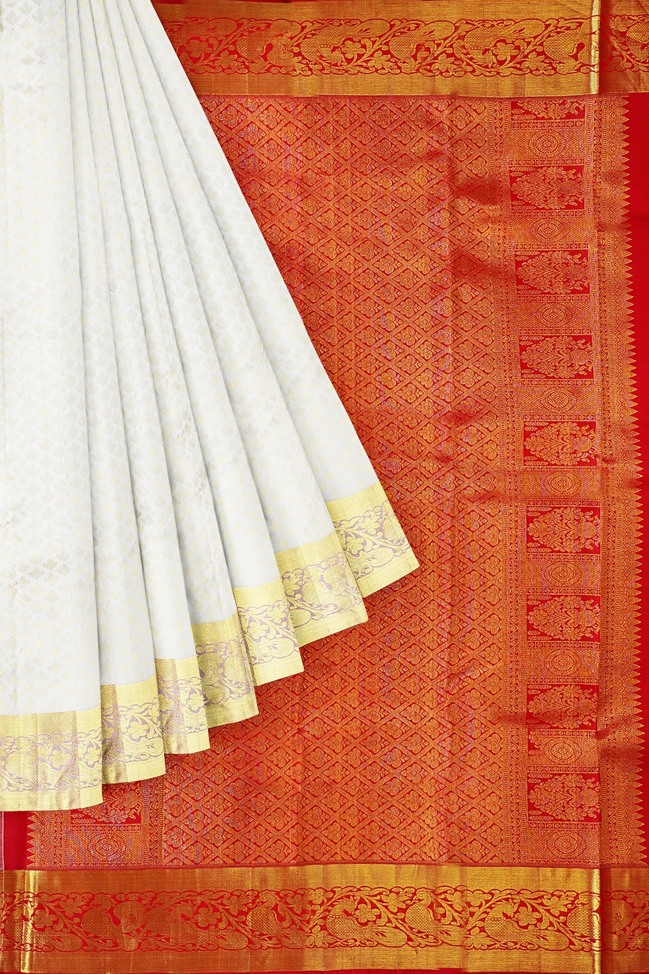 sri kumaran stores kanchipuram silk saree white saree with golden yellow border 1
