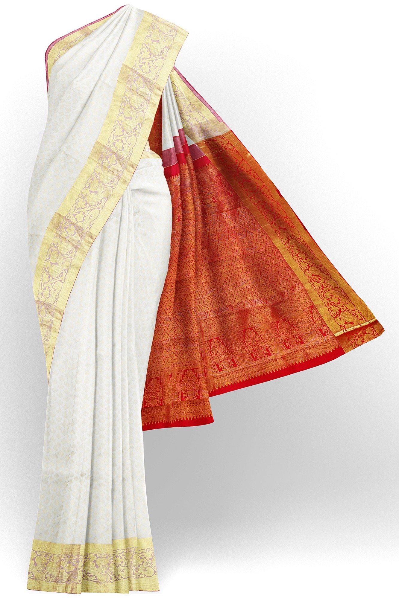 sri kumaran stores kanchipuram silk saree white saree with golden yellow border 2