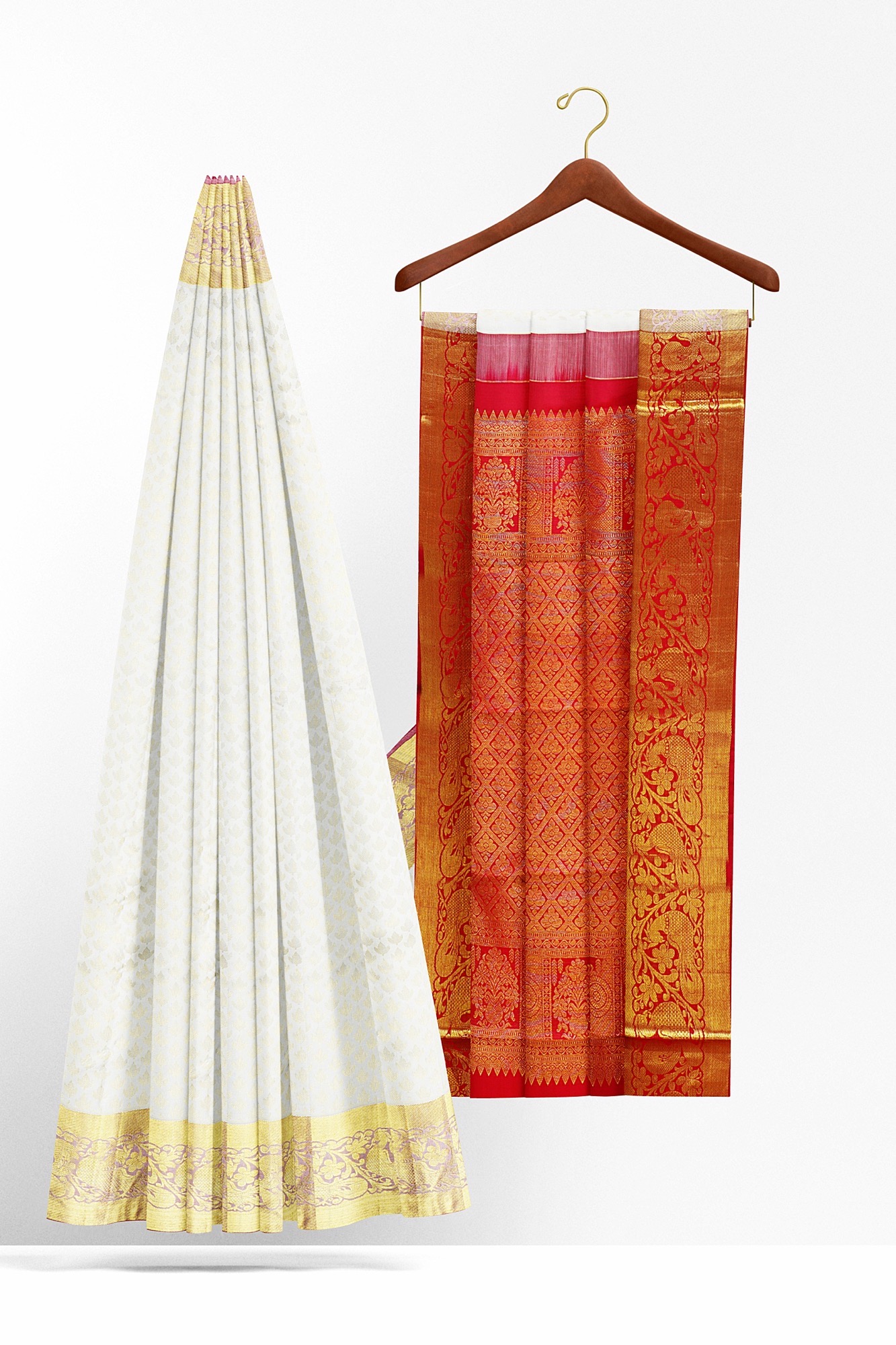 sri kumaran stores kanchipuram silk saree white saree with golden yellow border 3