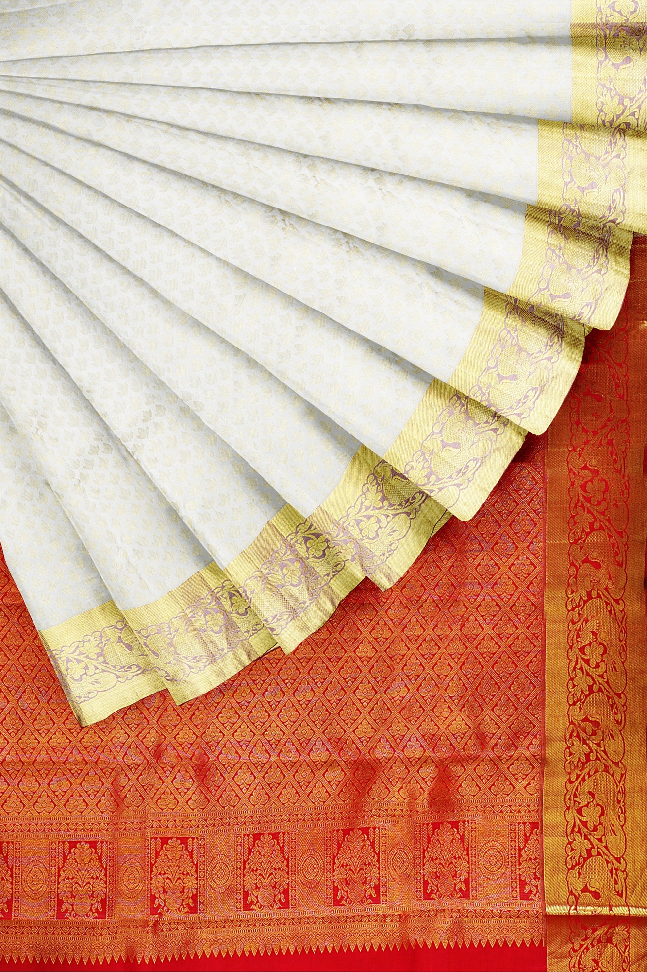 sri kumaran stores kanchipuram silk saree white saree with golden yellow border 4