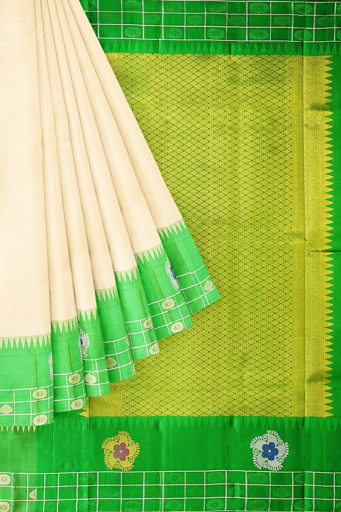 sri kumaran stores kanchipuram silk saree white saree with green border 1