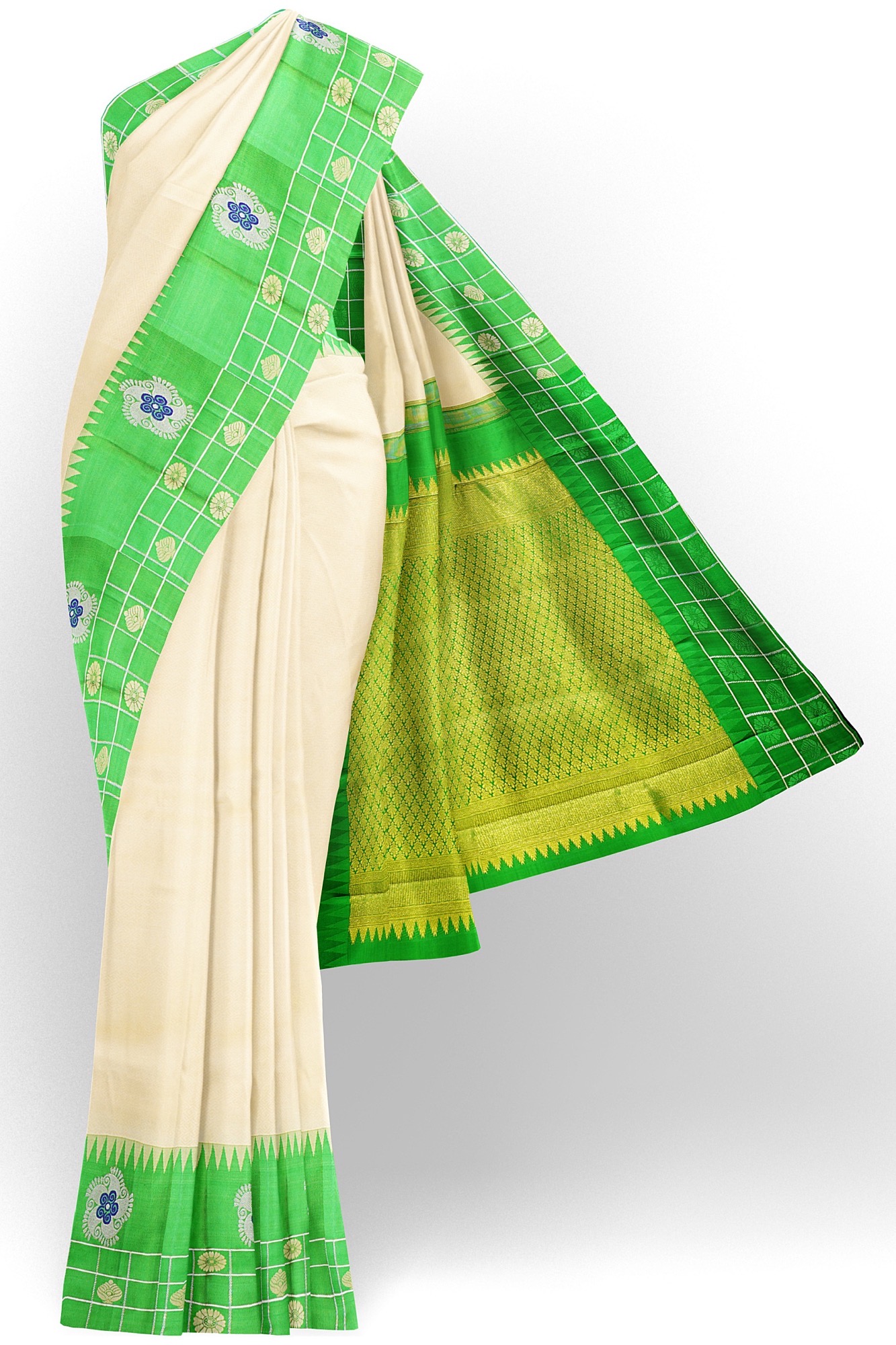 sri kumaran stores kanchipuram silk saree white saree with green border 2