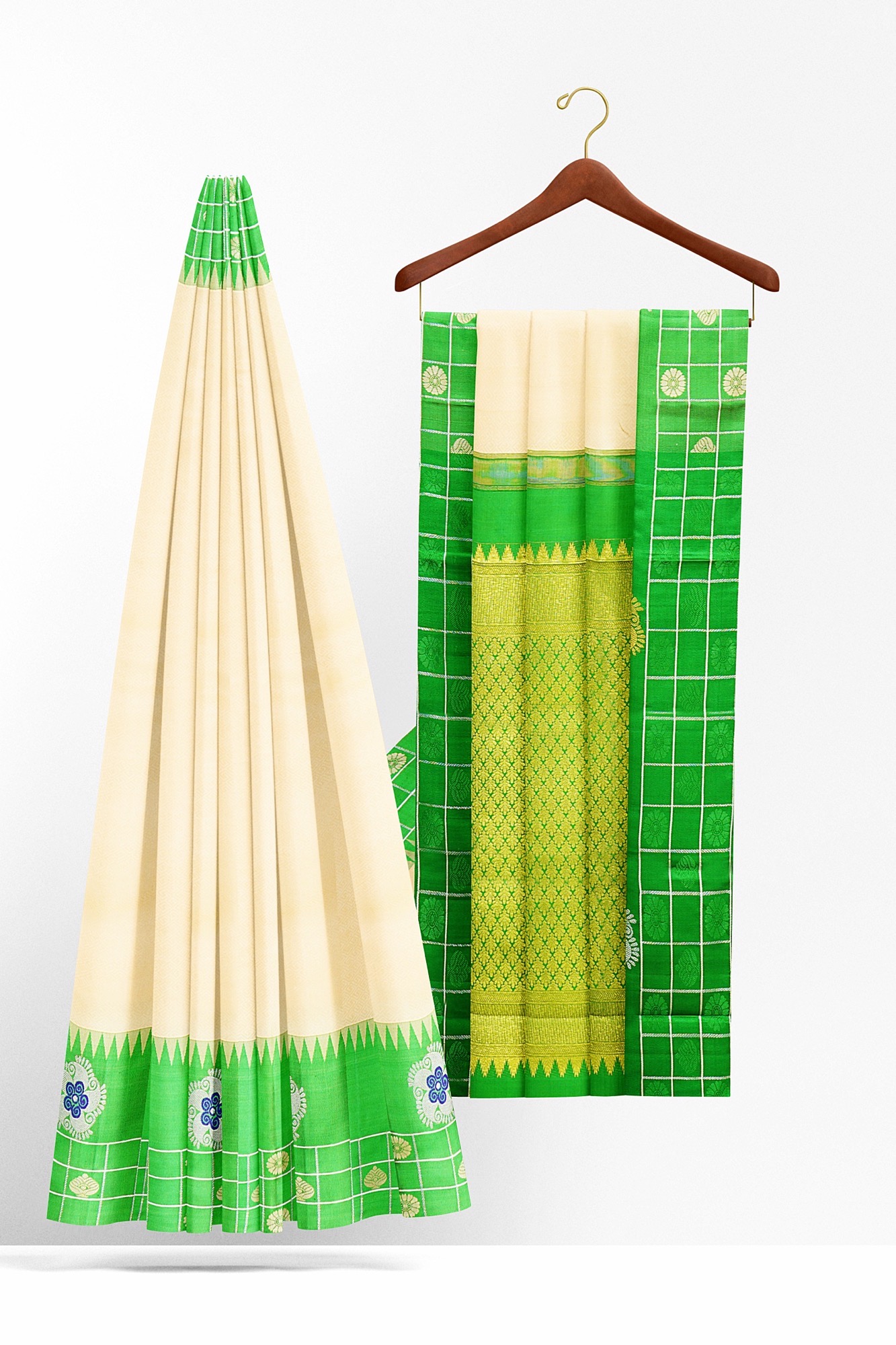 sri kumaran stores kanchipuram silk saree white saree with green border 3