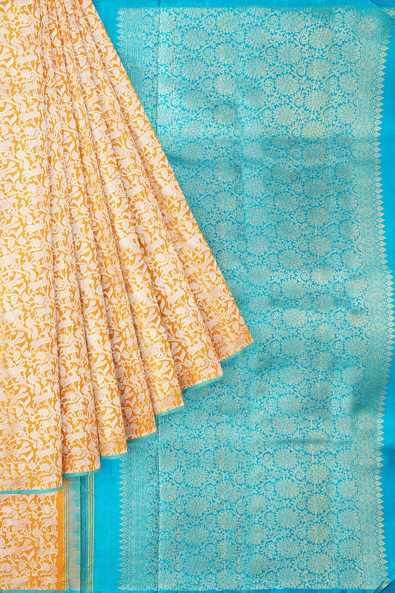 sri kumaran stores kanchipuram silk saree whitish orange saree with blue border 1