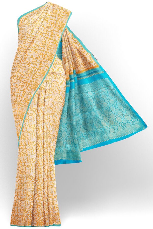 sri kumaran stores kanchipuram silk saree whitish orange saree with blue border 2