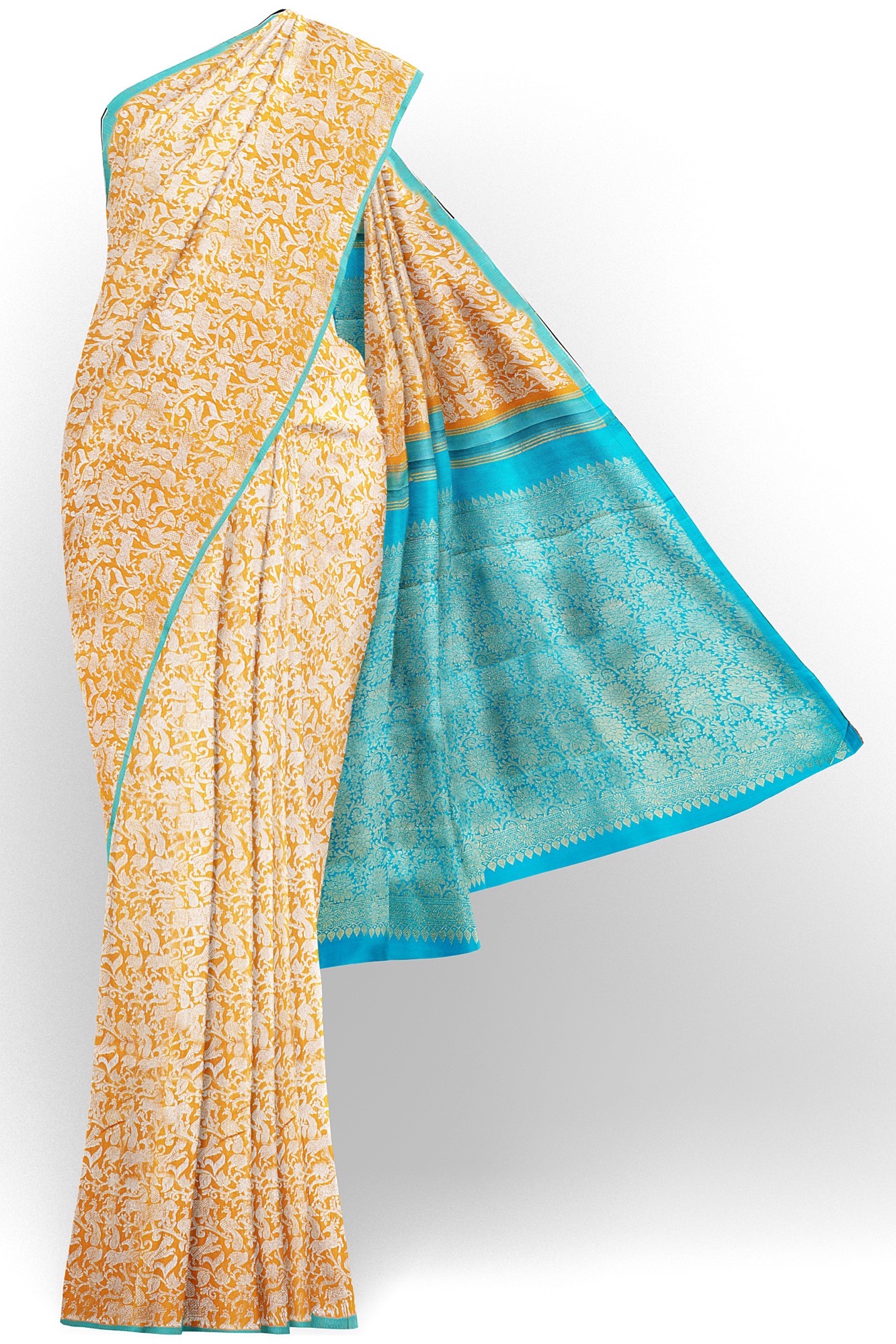 sri kumaran stores kanchipuram silk saree whitish orange saree with blue border 2