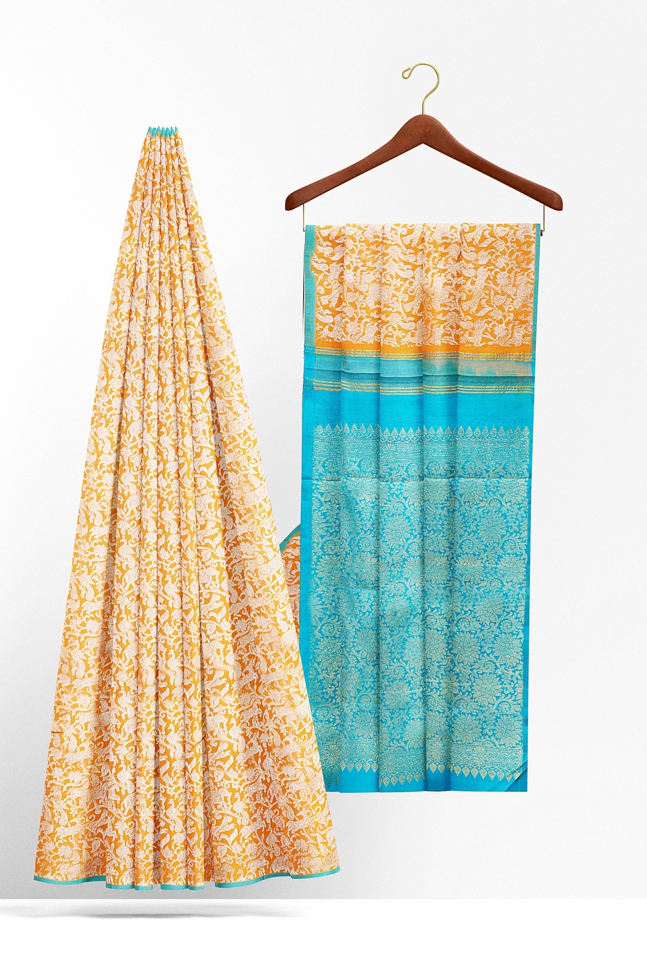 sri kumaran stores kanchipuram silk saree whitish orange saree with blue border 3