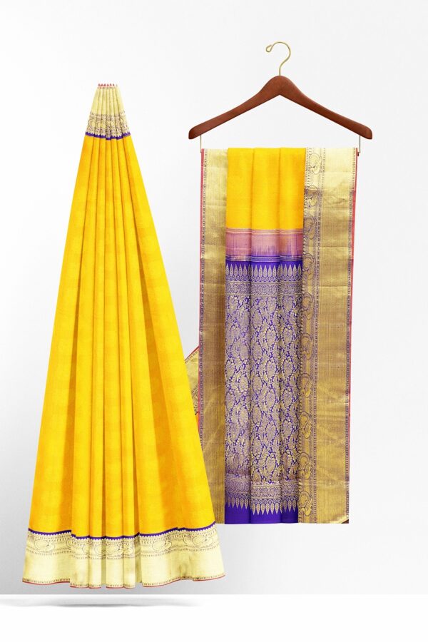 sri kumaran stores kanchipuram silk saree yellow saree with golden border 3