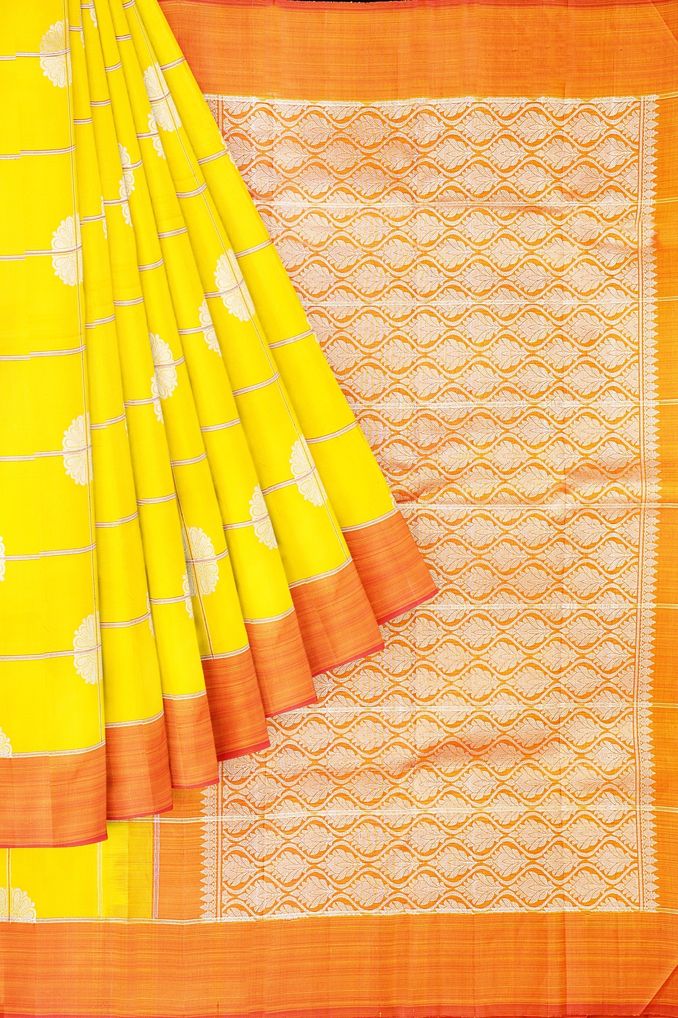 sri kumaran stores kanchipuram silk saree yellow saree with orange border 1