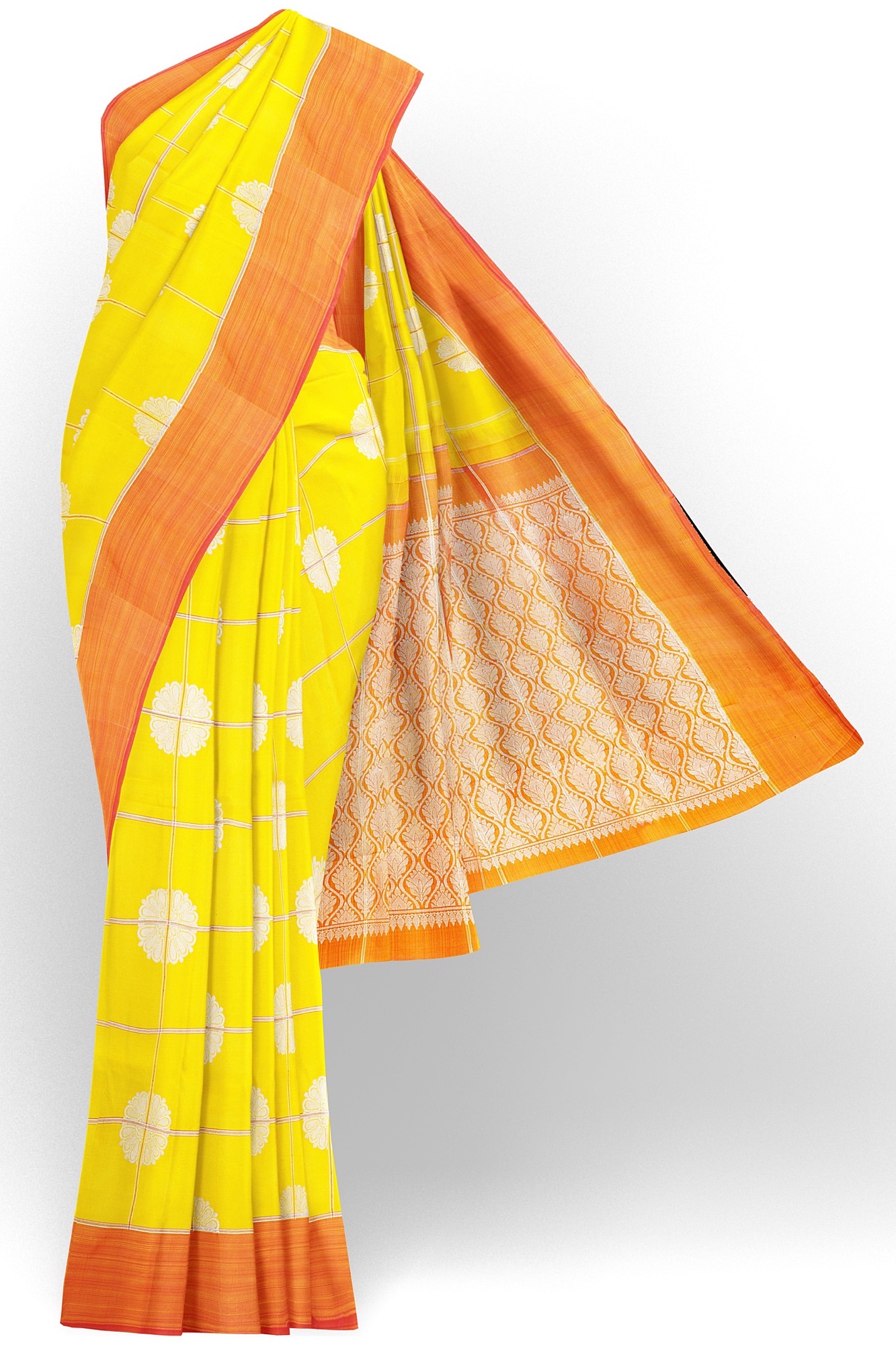 sri kumaran stores kanchipuram silk saree yellow saree with orange border 2