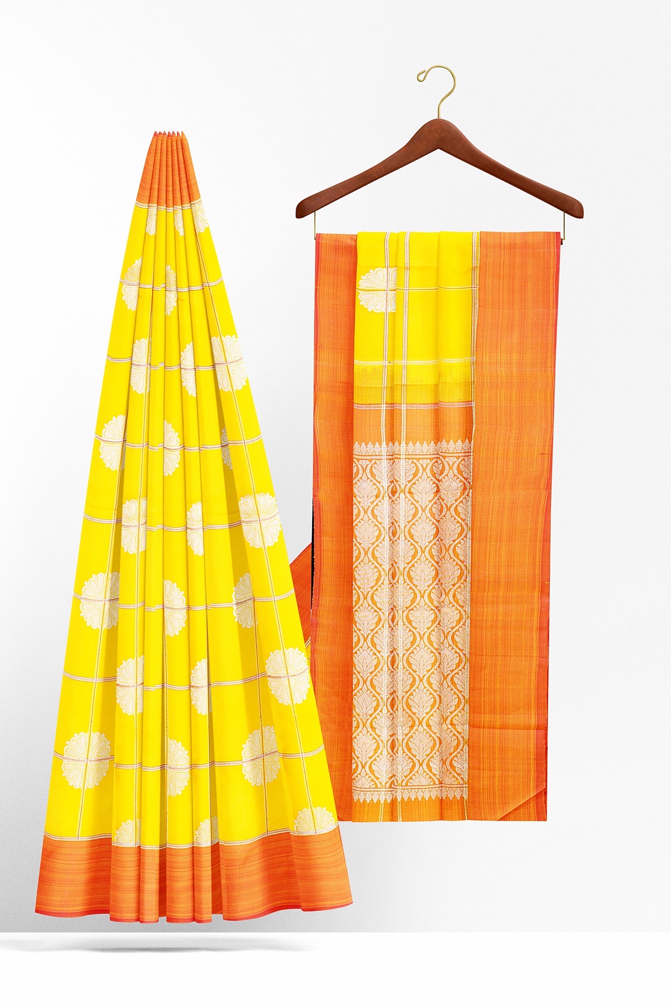 sri kumaran stores kanchipuram silk saree yellow saree with orange border 3