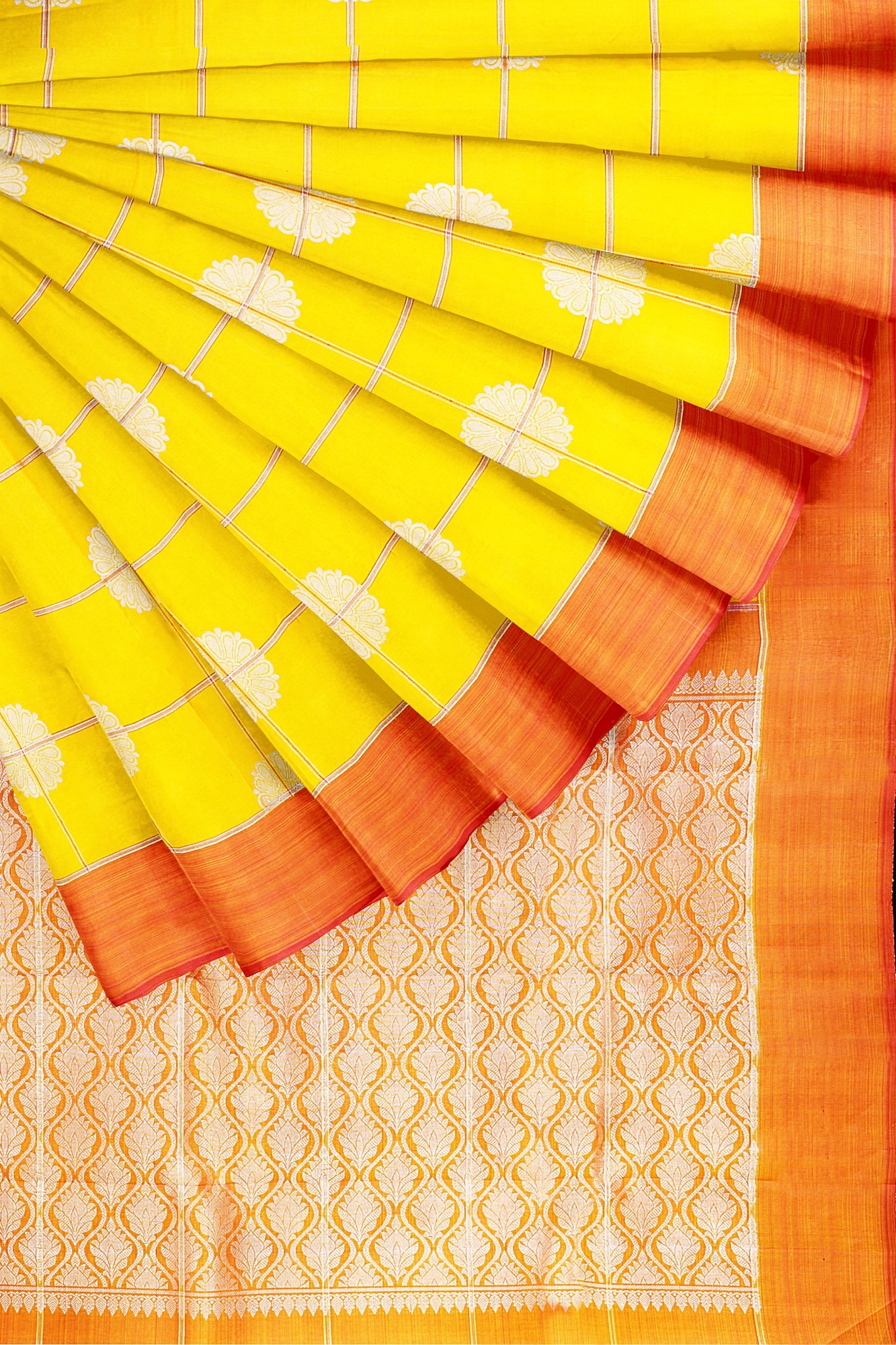 sri kumaran stores kanchipuram silk saree yellow saree with orange border 4