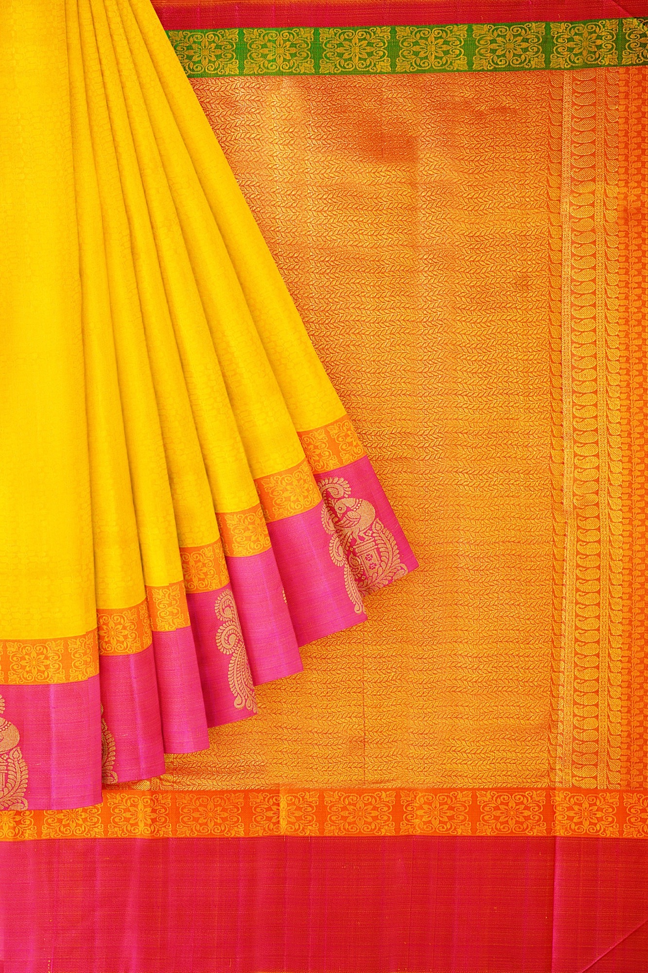 sri kumaran stores kanchipuram silk saree yellow saree with red border 1