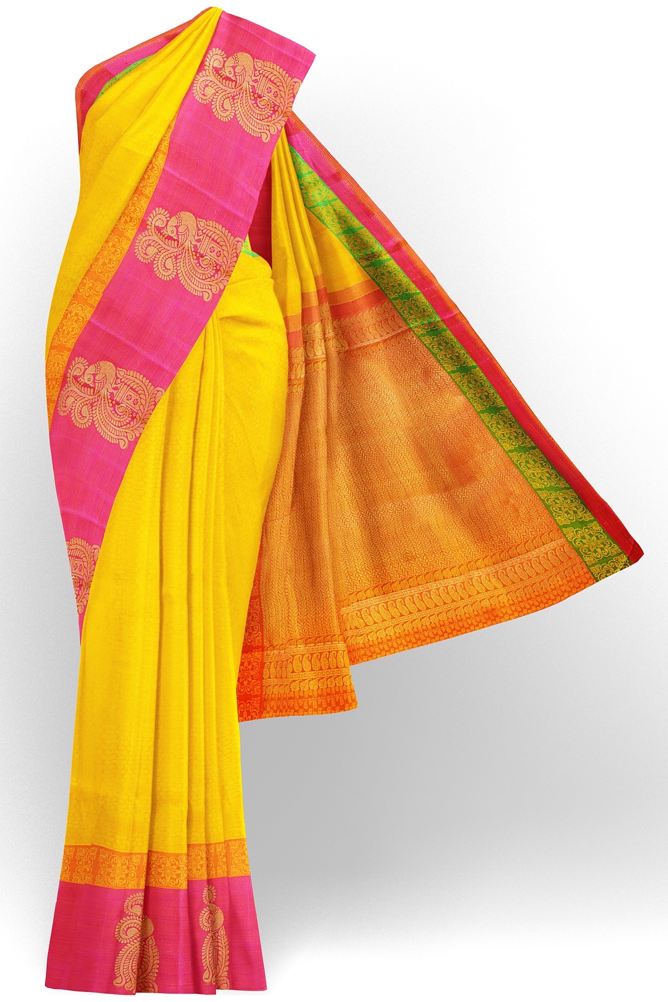 sri kumaran stores kanchipuram silk saree yellow saree with red border 2