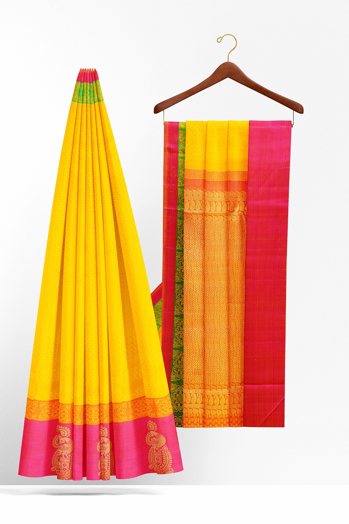 sri kumaran stores kanchipuram silk saree yellow saree with red border 3