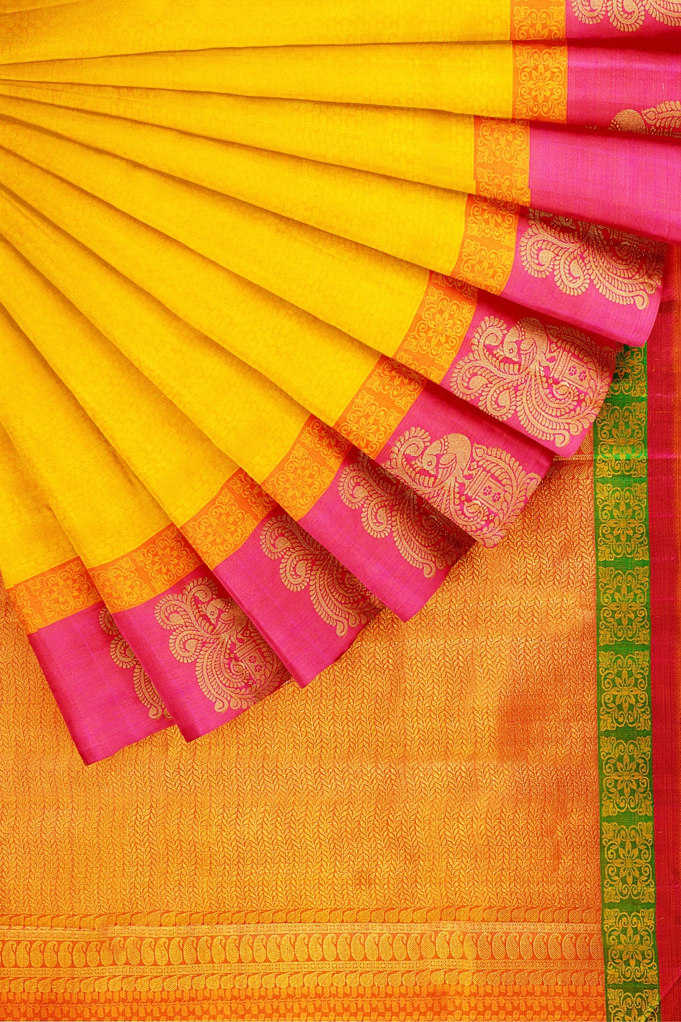 sri kumaran stores kanchipuram silk saree yellow saree with red border 4