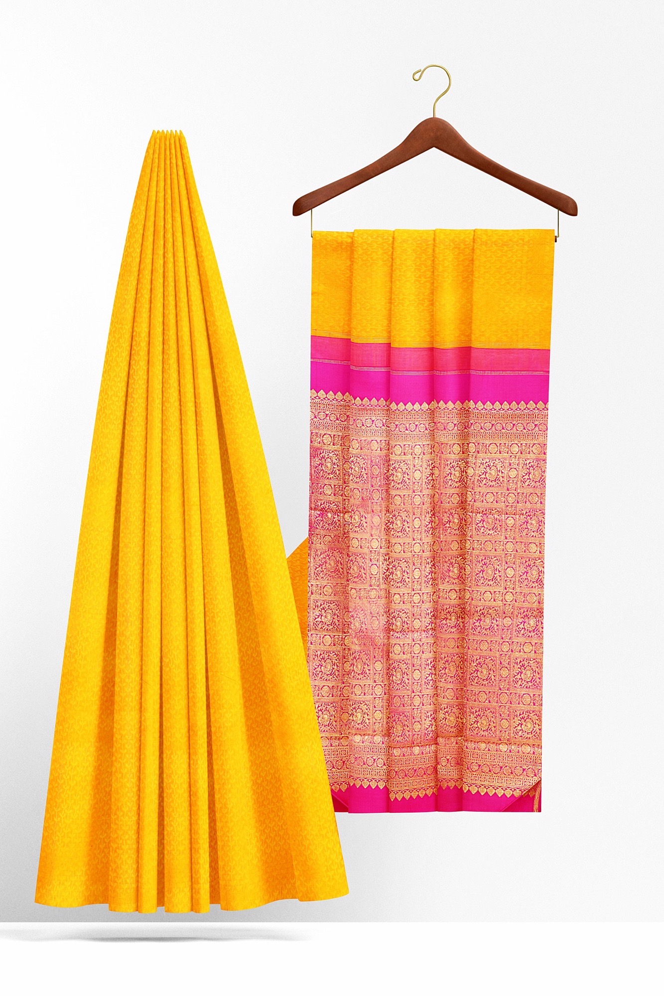 sri kumaran stores kanchipuram silk saree yellow saree with yellow border 3