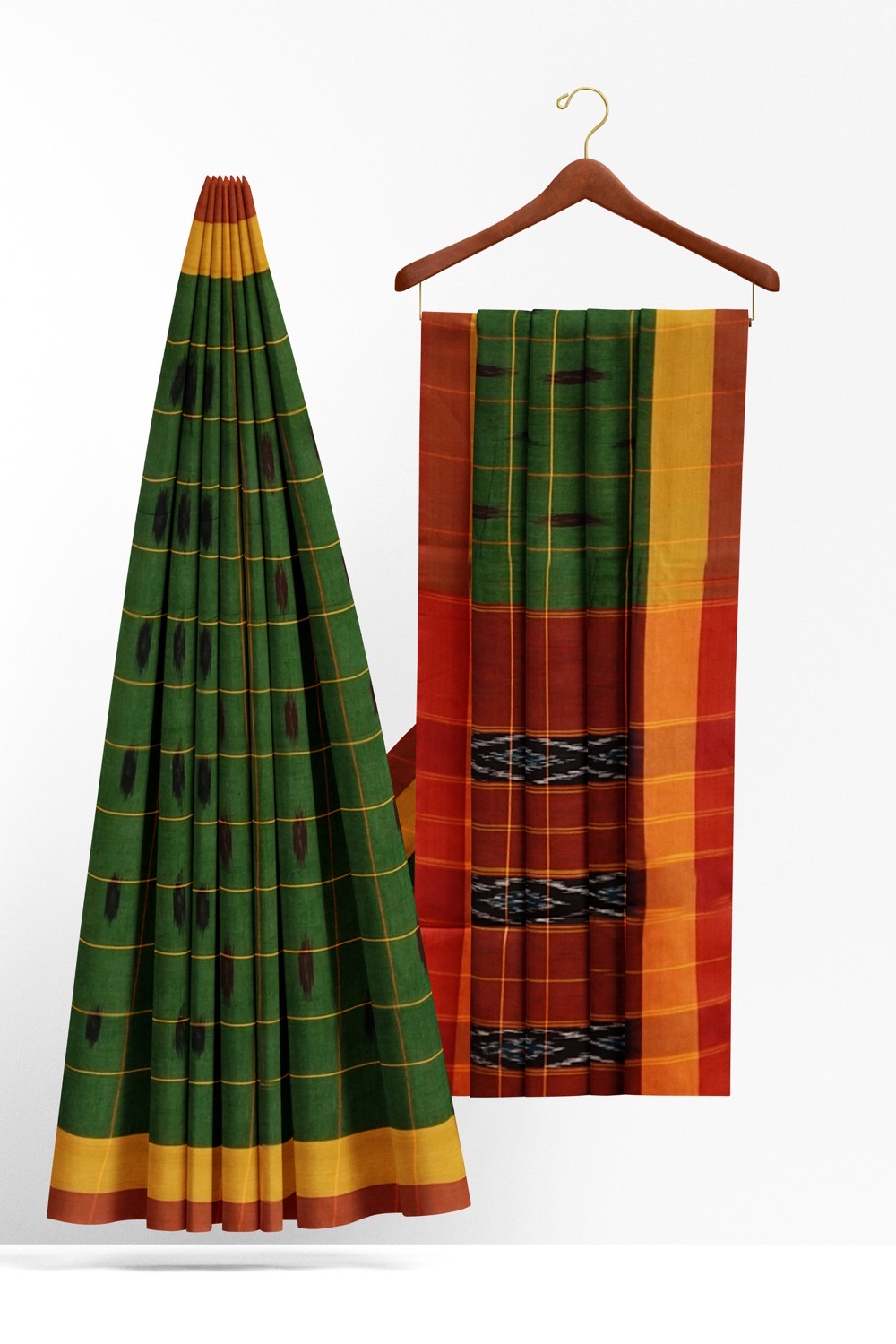 sri kumaran stores 102022 pochampalli cotton dark green saree with yellow border 1 2