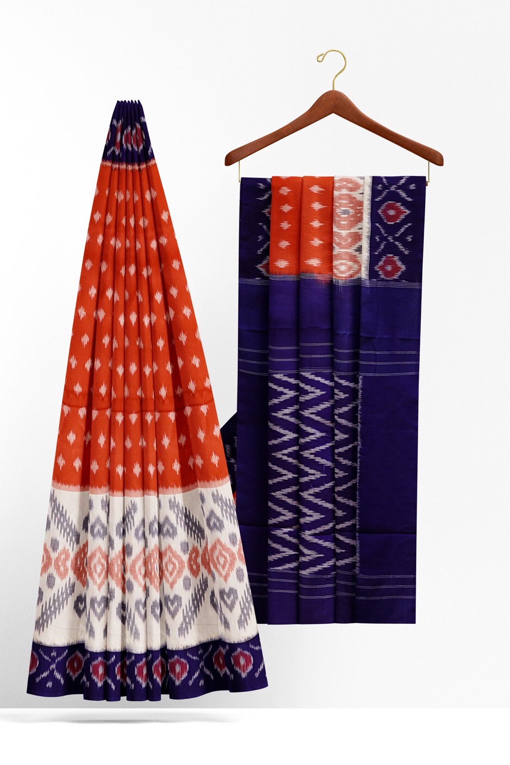 sri kumaran stores 102022 pochampalli cotton orange saree with ink blue border 1 2