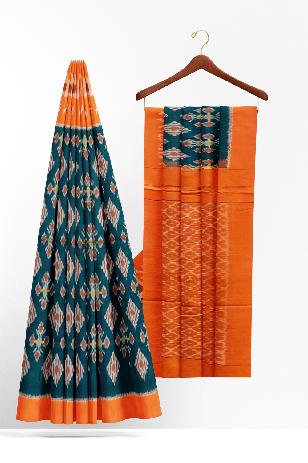 sri kumaran stores 102022 pochampalli cotton turquoise blue saree with orange border 1 2