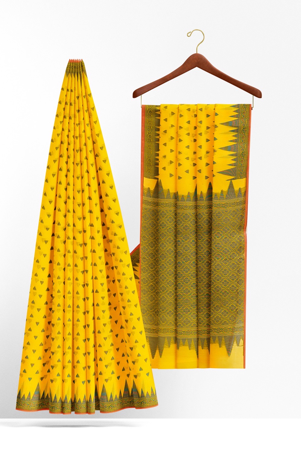 sri kumaran stores 102022 pure cotton bright yellow saree with green border 1 2