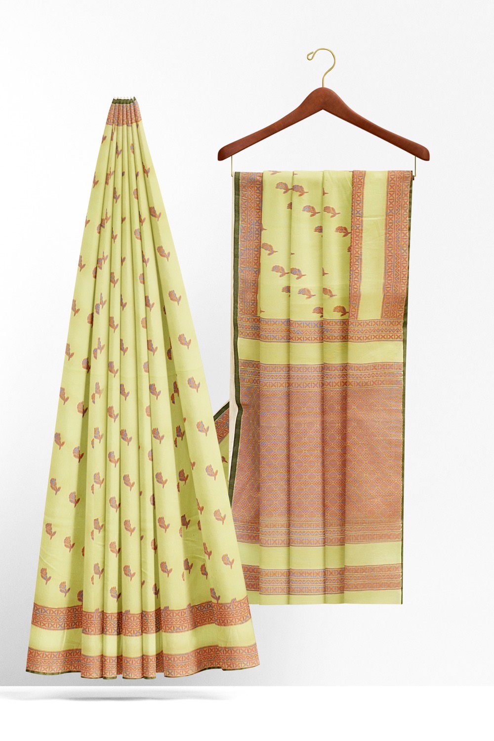 sri kumaran stores 102022 pure cotton light green saree with brown border 1 3