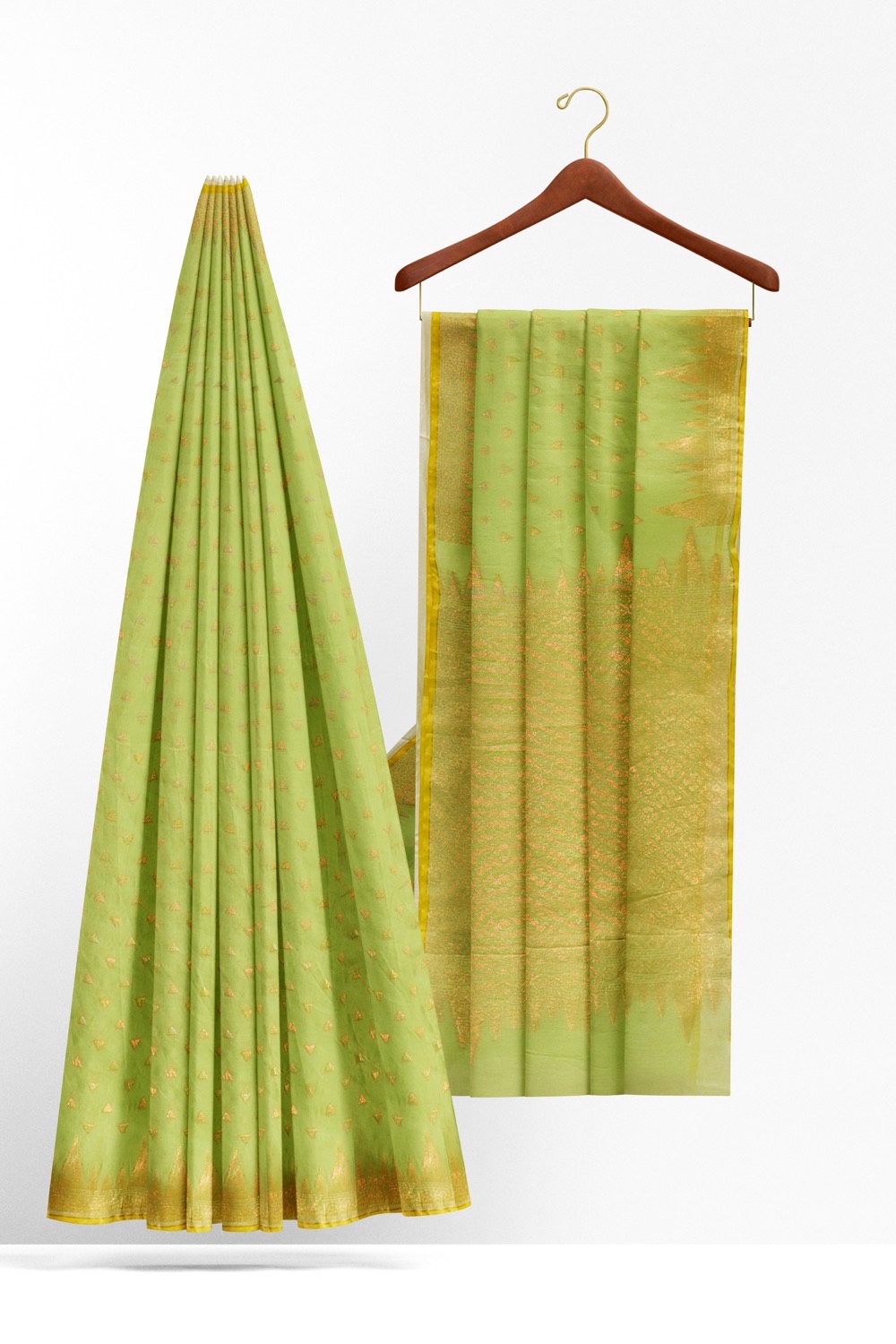 sri kumaran stores 102022 pure cotton light green saree with golden colour border 1 2