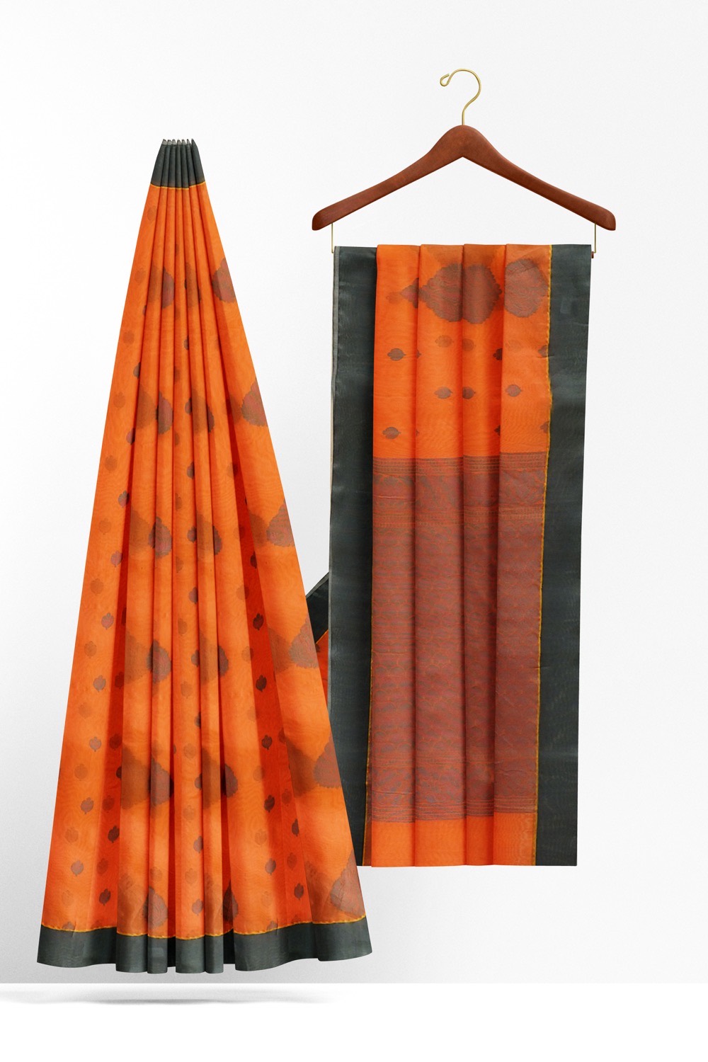 sri kumaran stores 102022 pure cotton orange saree with dark green border 1 2