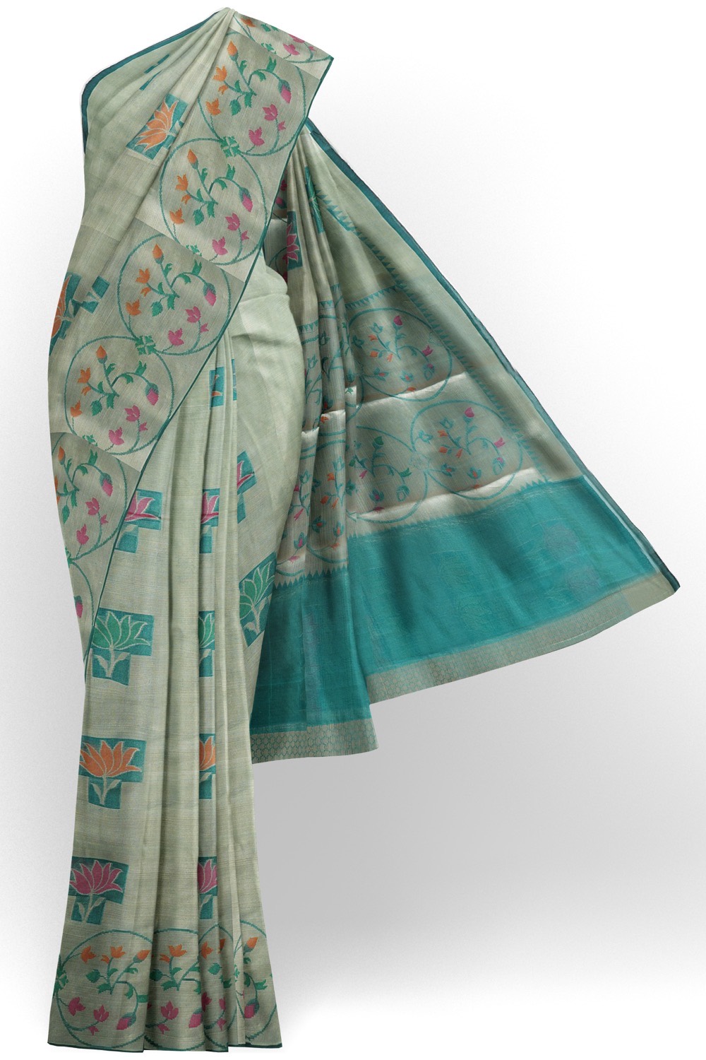 sri kumaran stores chentheri cotton saree grey saree with floral border 1