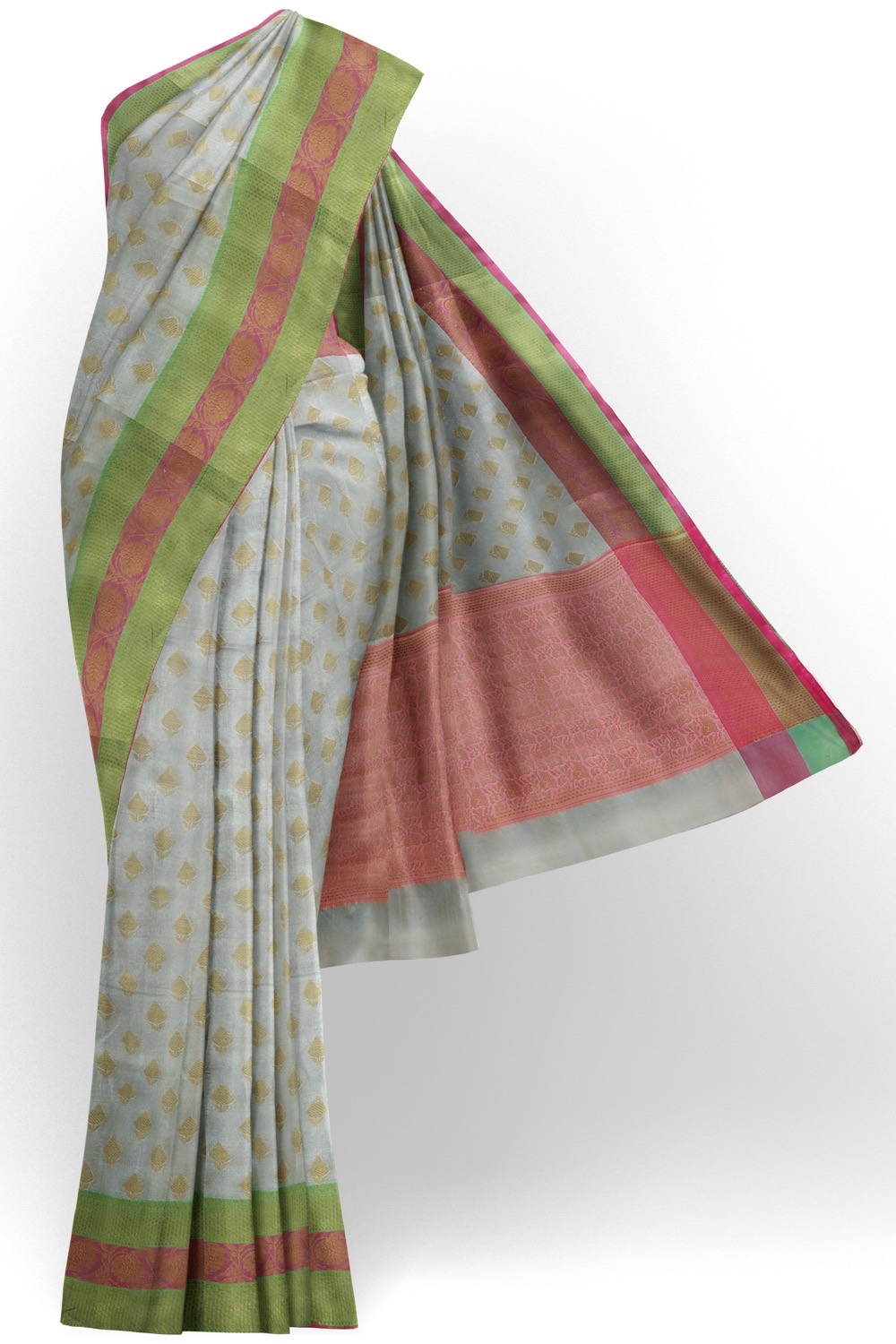 sri kumaran stores chentheri cotton saree grey saree with green and pink border 1