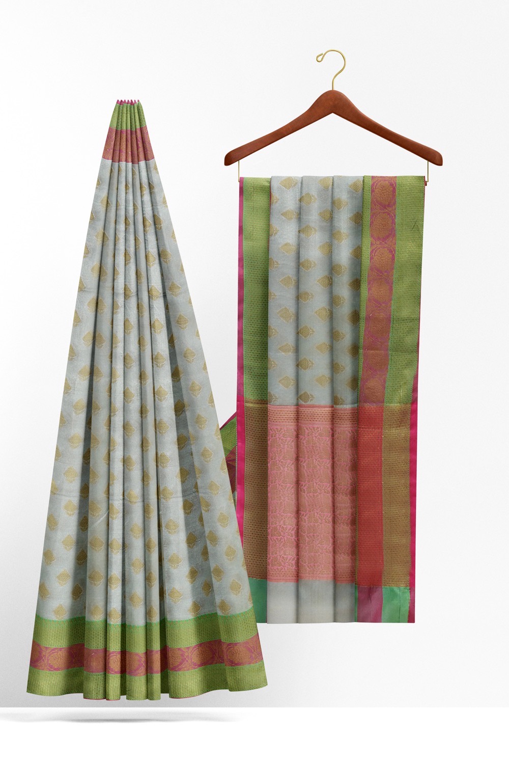 sri kumaran stores chentheri cotton saree grey saree with green and pink border 2