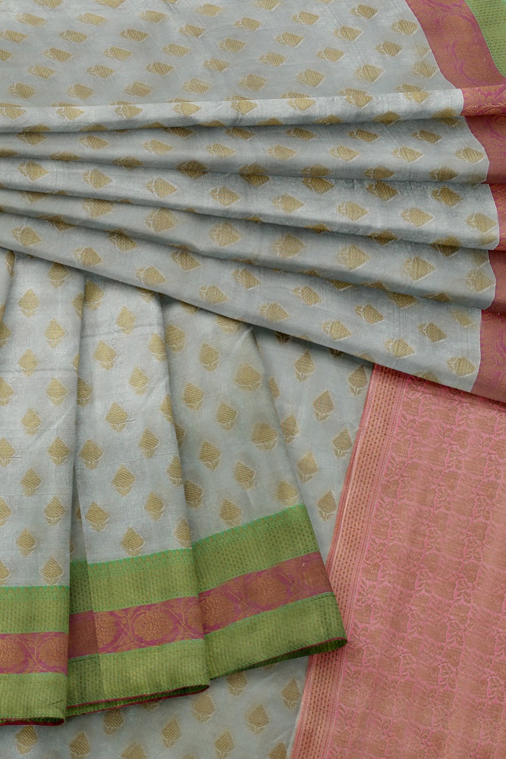 sri kumaran stores chentheri cotton saree grey saree with green and pink border 4