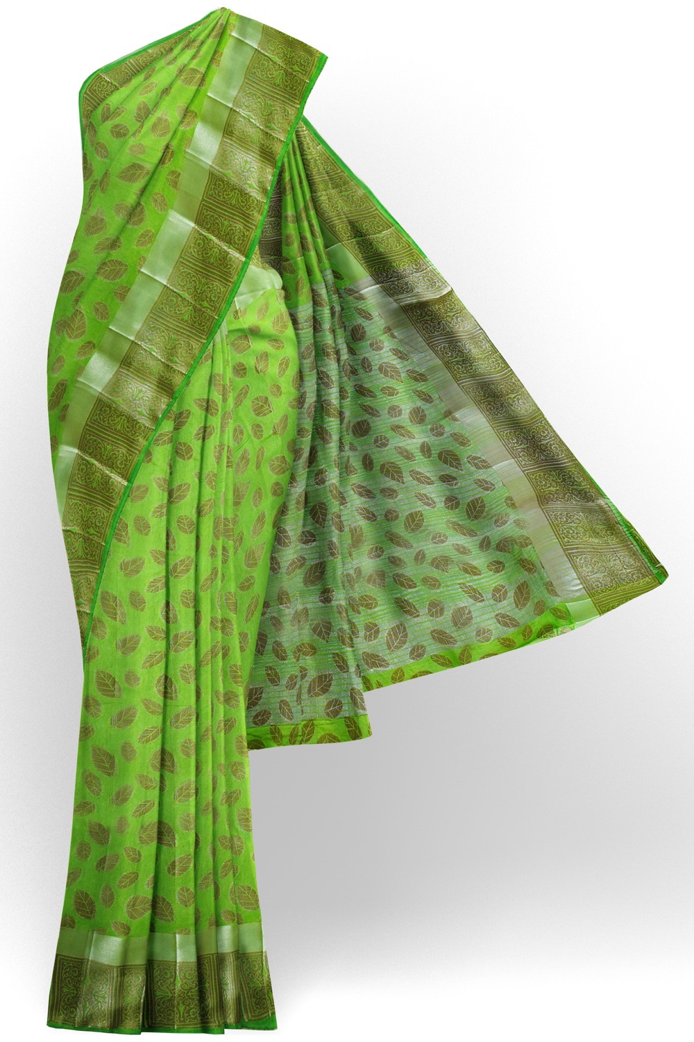 sri kumaran stores chentheri cotton saree parrot green saree with silver border 1