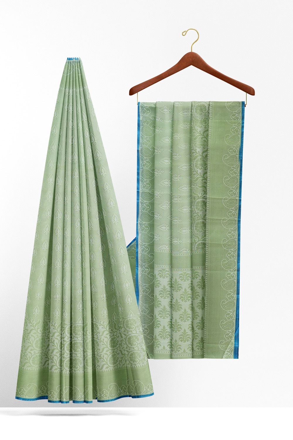 sri kumaran stores chentheri cotton saree silver green saree with blue border 2