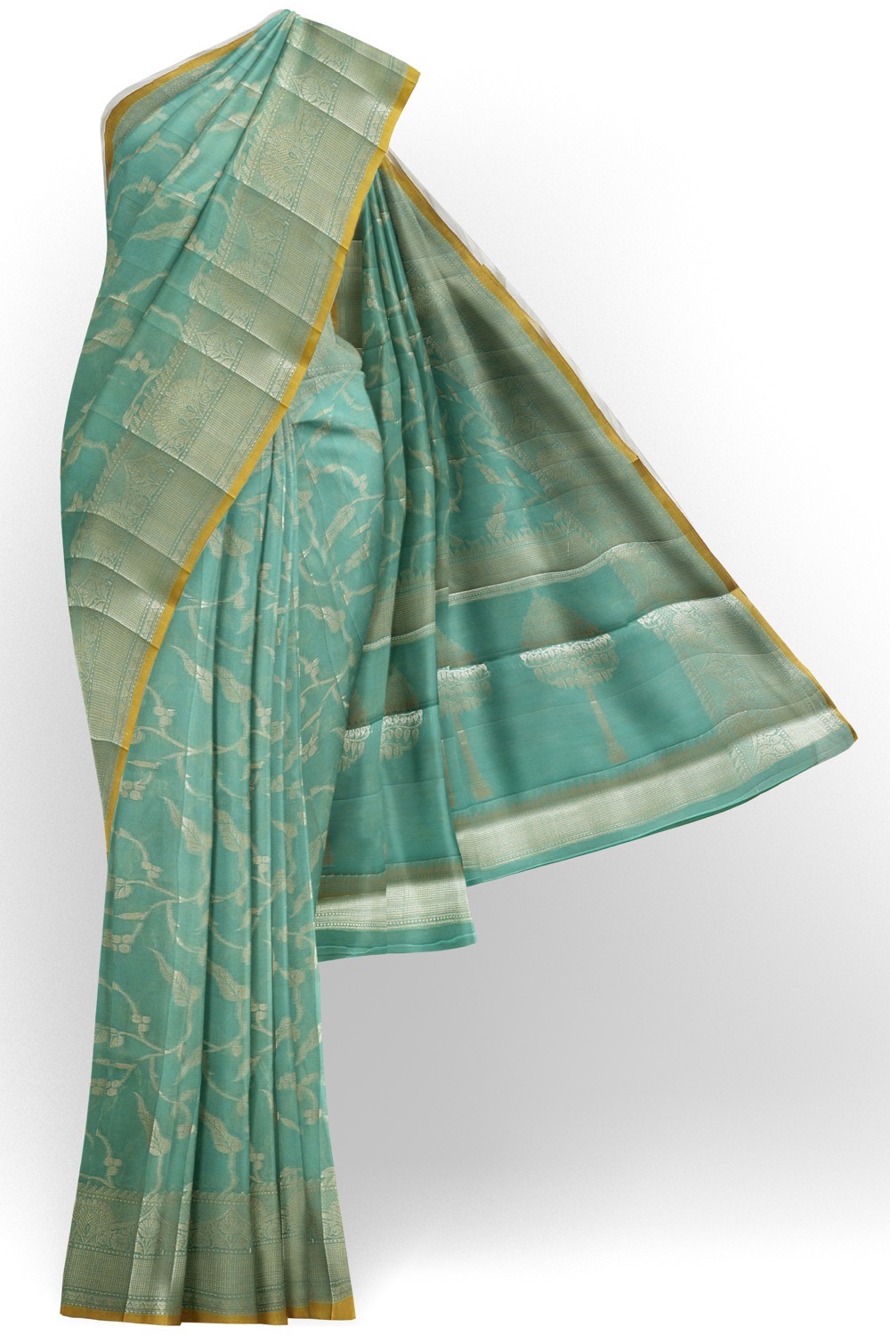 sri kumaran stores chentheri cotton saree sky blue saree with silver and yellow border 1