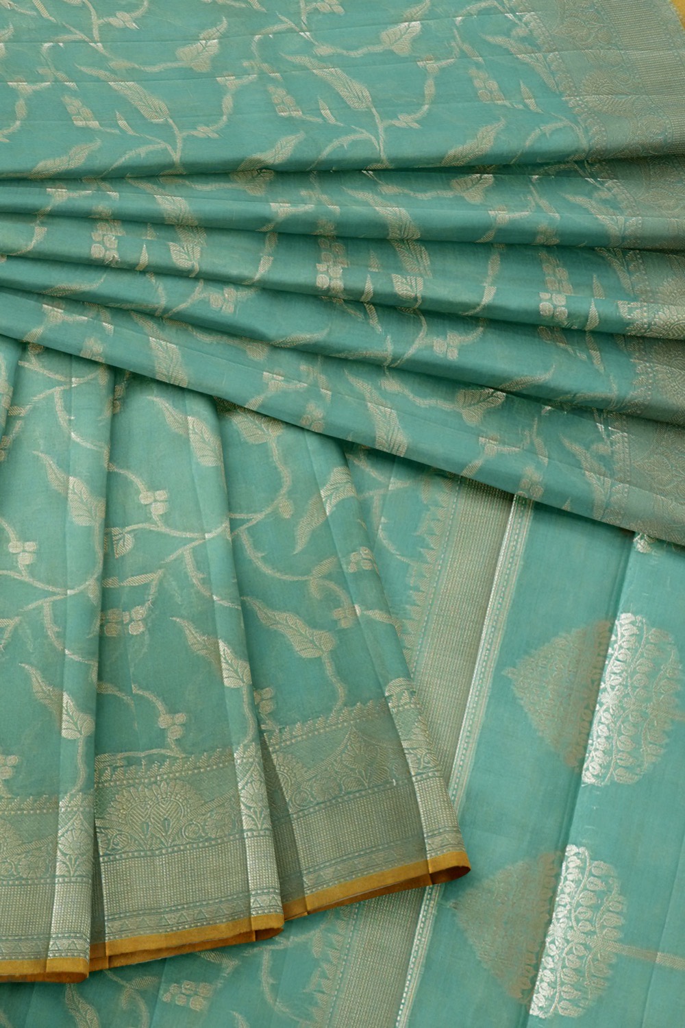 sri kumaran stores chentheri cotton saree sky blue saree with silver and yellow border 4