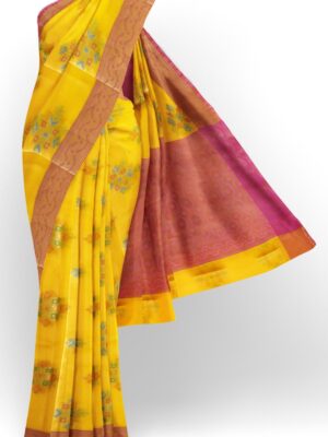 sri kumaran stores chentheri cotton saree yellow saree with dark pink border 1