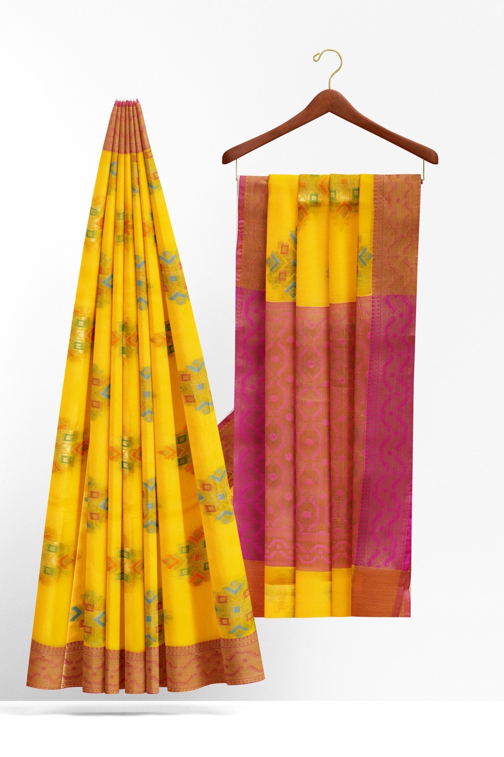 sri kumaran stores chentheri cotton saree yellow saree with dark pink border 2
