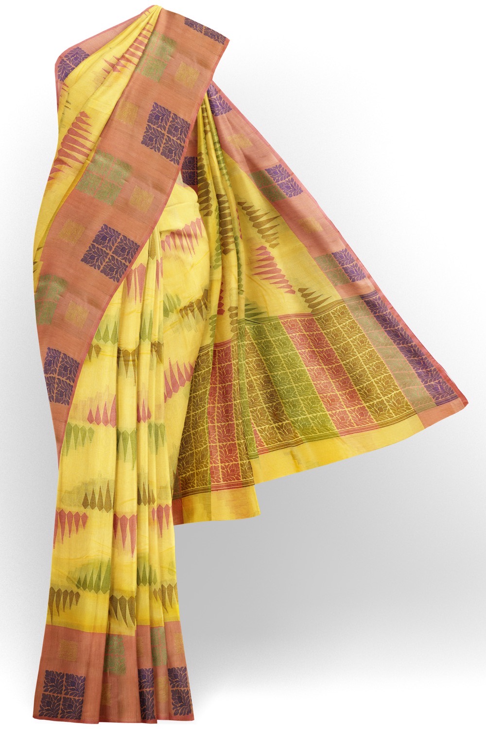 sri kumaran stores chentheri cotton saree yellow saree with light pink border 1